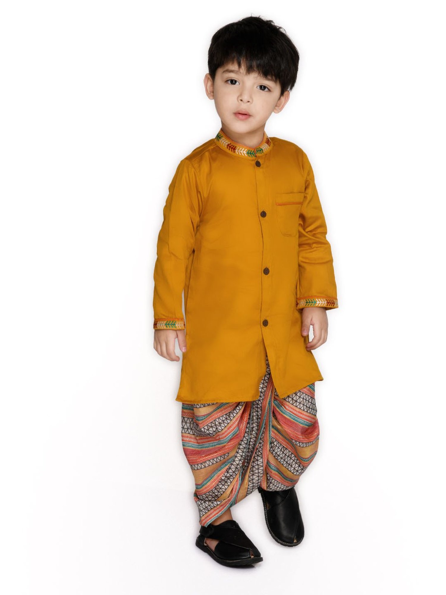 Saka Designs Kids Mustard Solid Full Sleeves Kurta with Dhoti