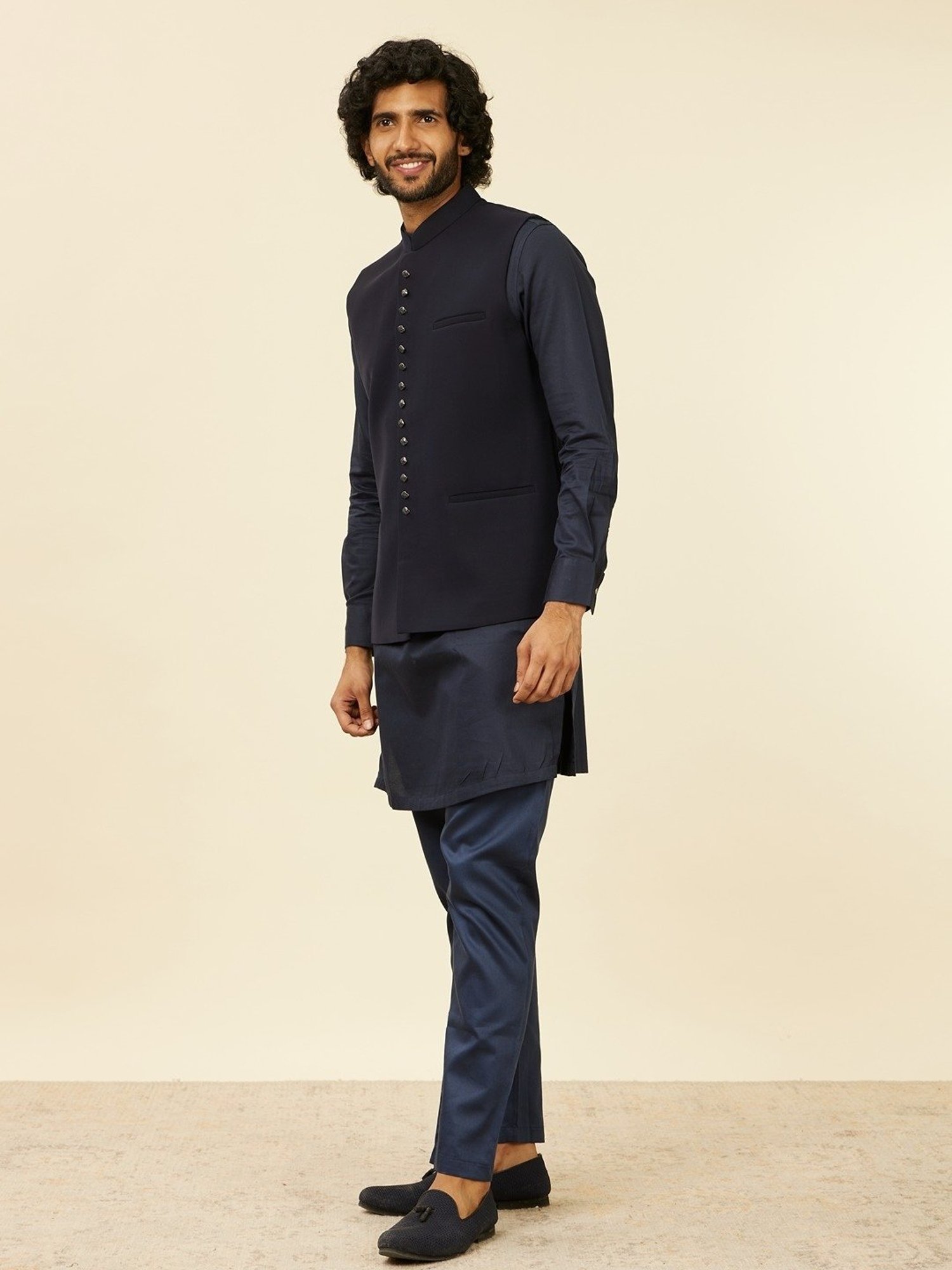 Manyavar Dark Blue Regular Fit Nehru Jacket