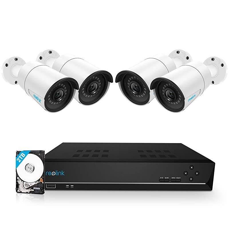 8CH 5MP PoE Home Security Camera System, 4pcs Wired 5MP Outdoor PoE IP Cameras, 8MP/4K 8-Channel NVR with 2TB HDD for 24/7 Recording, RLK8-410B4-5MP