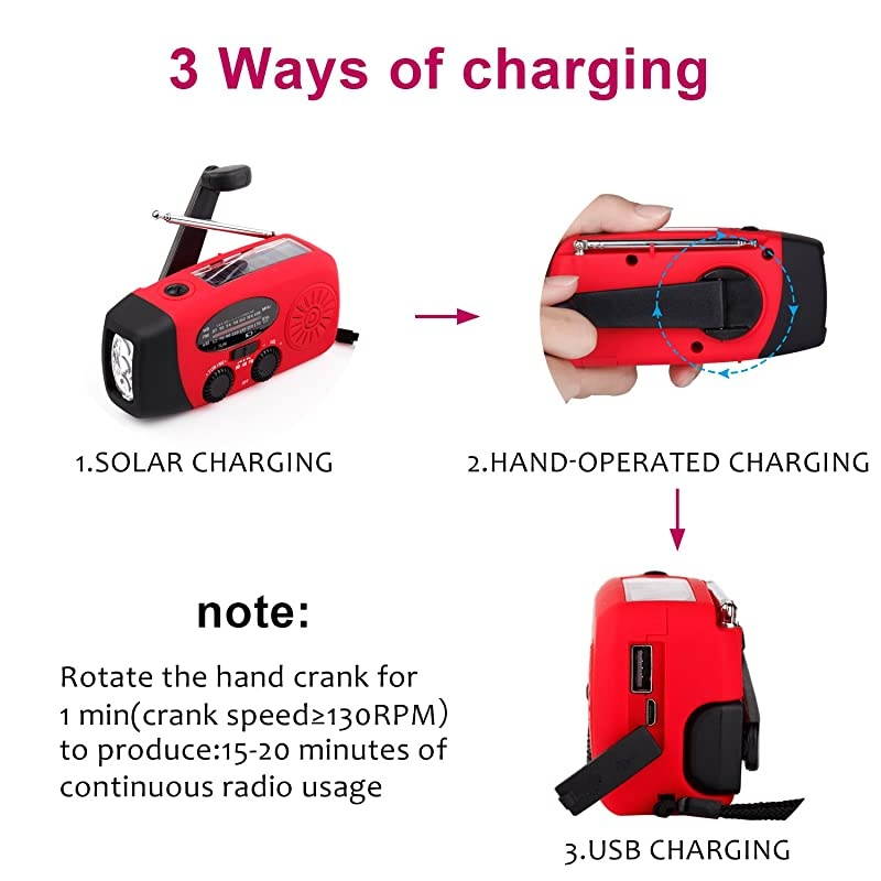 Hand Crank Emergency Weather Radio NOAA AM FM Portable Radio with 3 LED Flashlight 1000mAh Power Bank Cellphone Charger