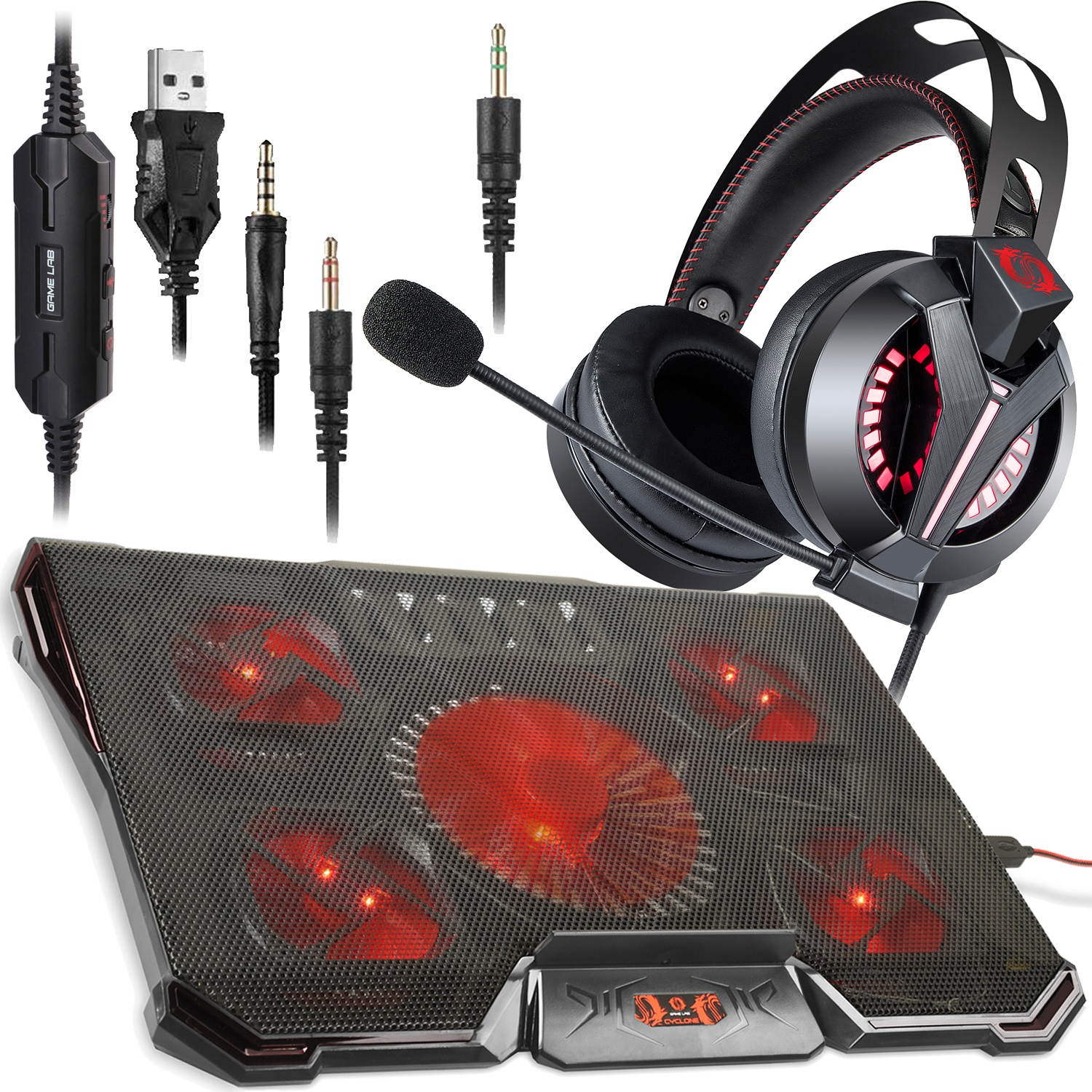 Game Lab G980 Phantom LED Gaming Headset Bundle w/ Vortex 5-Fan Laptop Cooler (Red)
