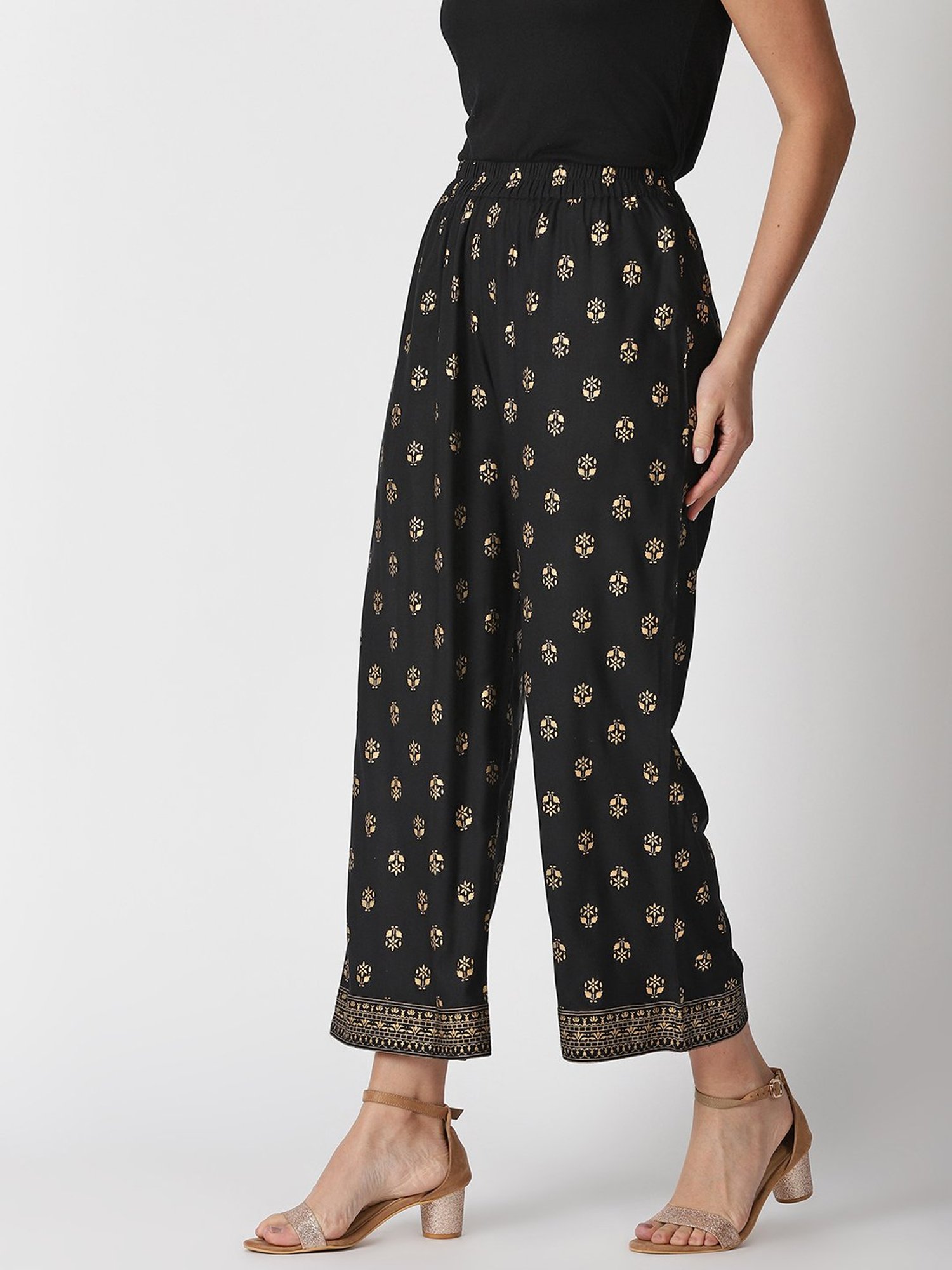 Saffron Threads Black Printed Elasticated Palazzos