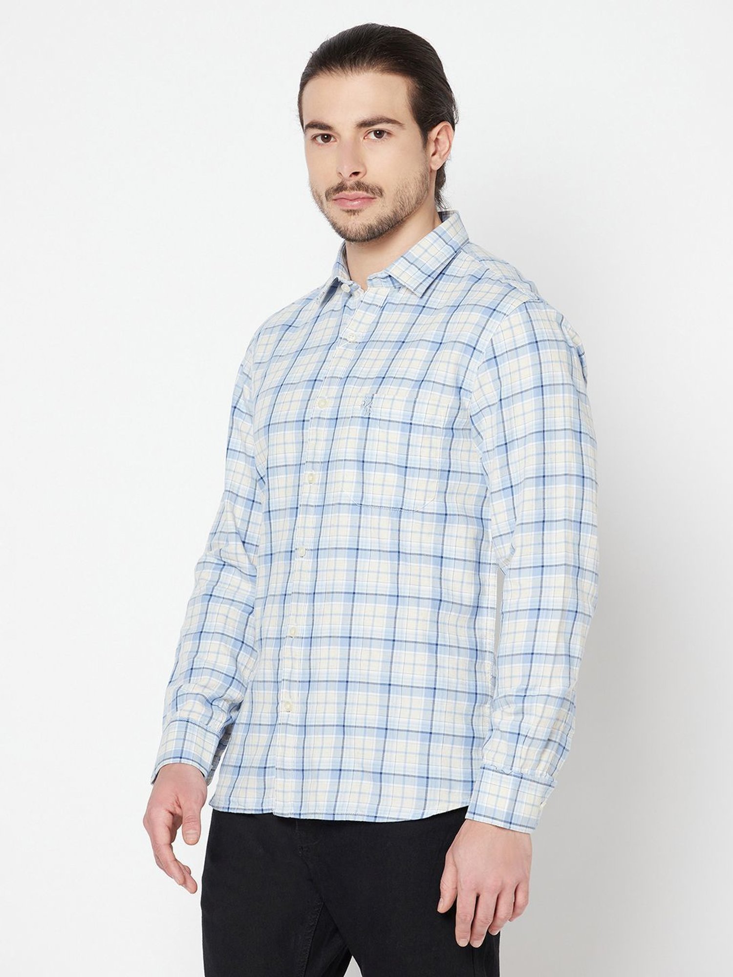 Spykar Blue Cotton Slim Fit Checks Shirt