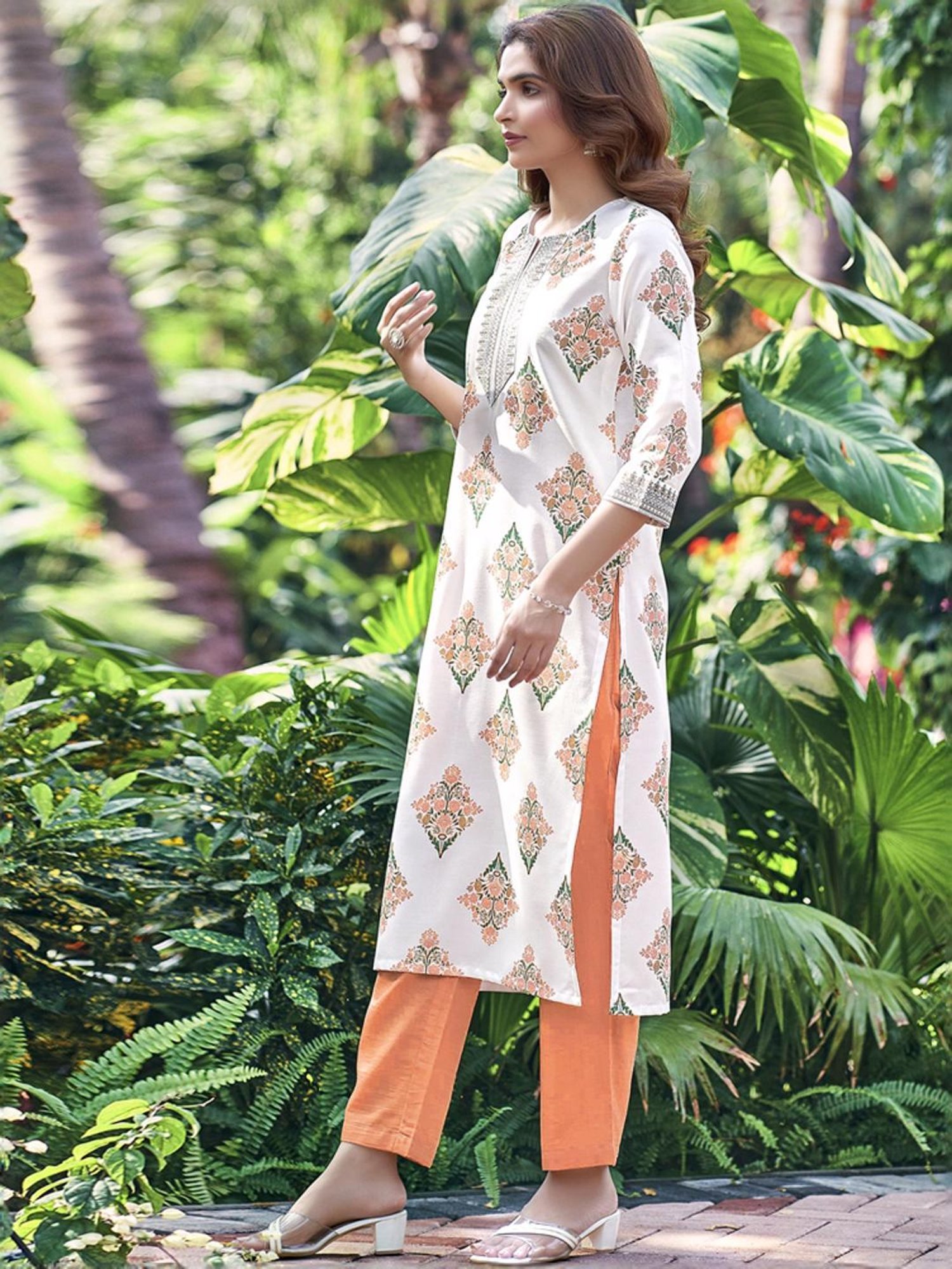 Skylee White & Orange Printed Kurta Pant Set With Dupatta