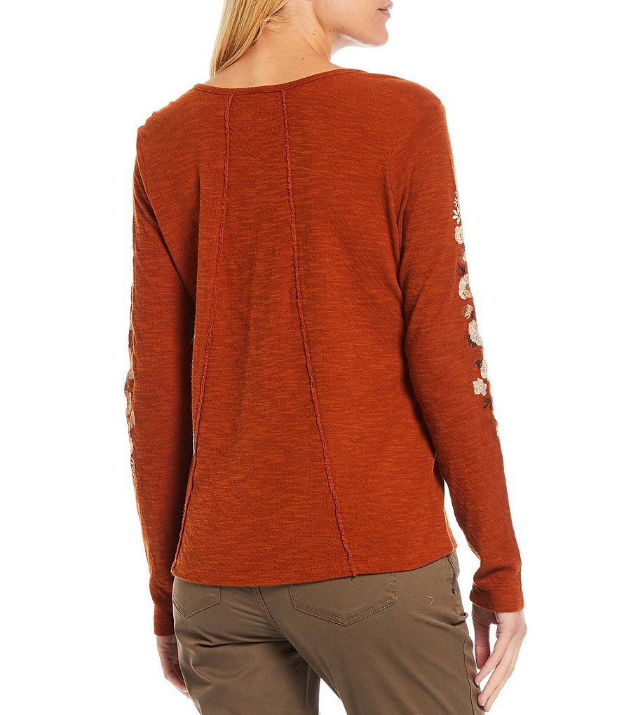 Aventura Selena Embroidered Henley Neck Long Sleeve Organic Cotton Top