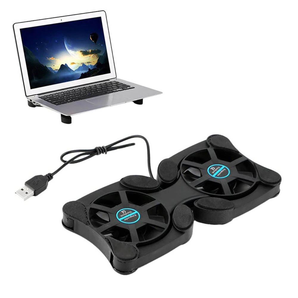 Black Laptop Desk Support Dual Cooling Fan Notebook Computer Stand Foldable USB Rack Holder