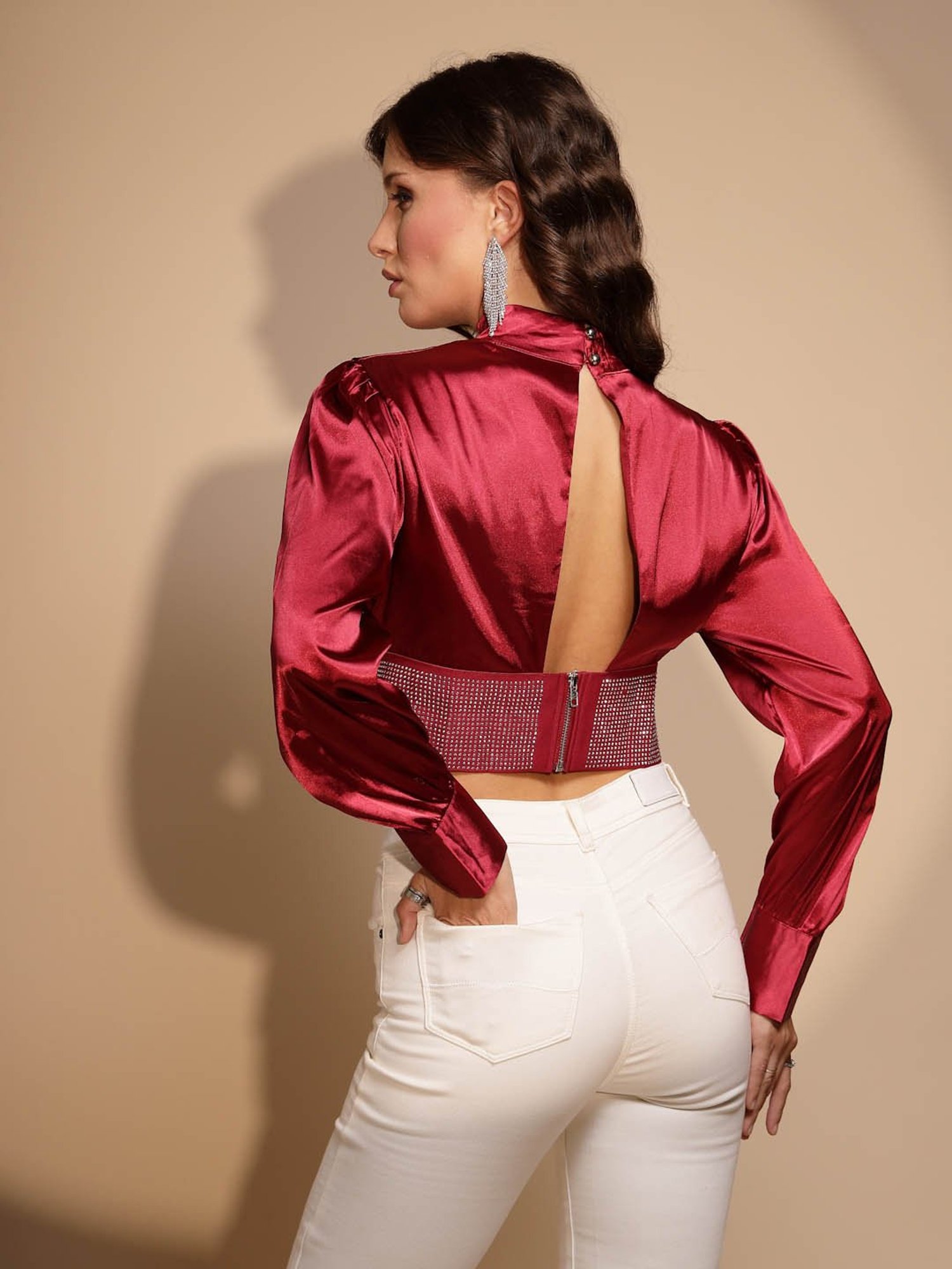 Global Republic Maroon Embellished Crop Top