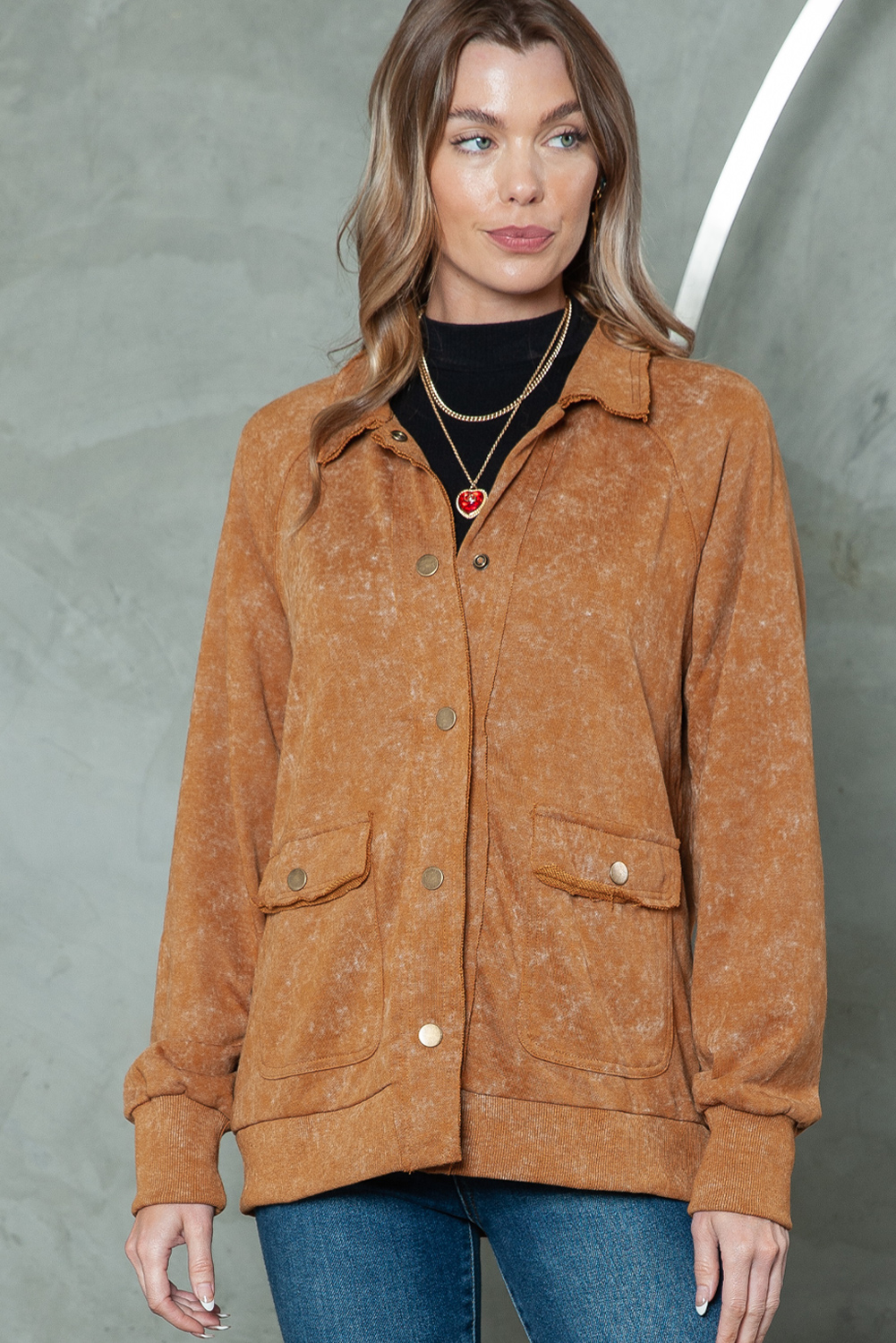 Khaki Snap Button Casual Jacket with Flap Pockets