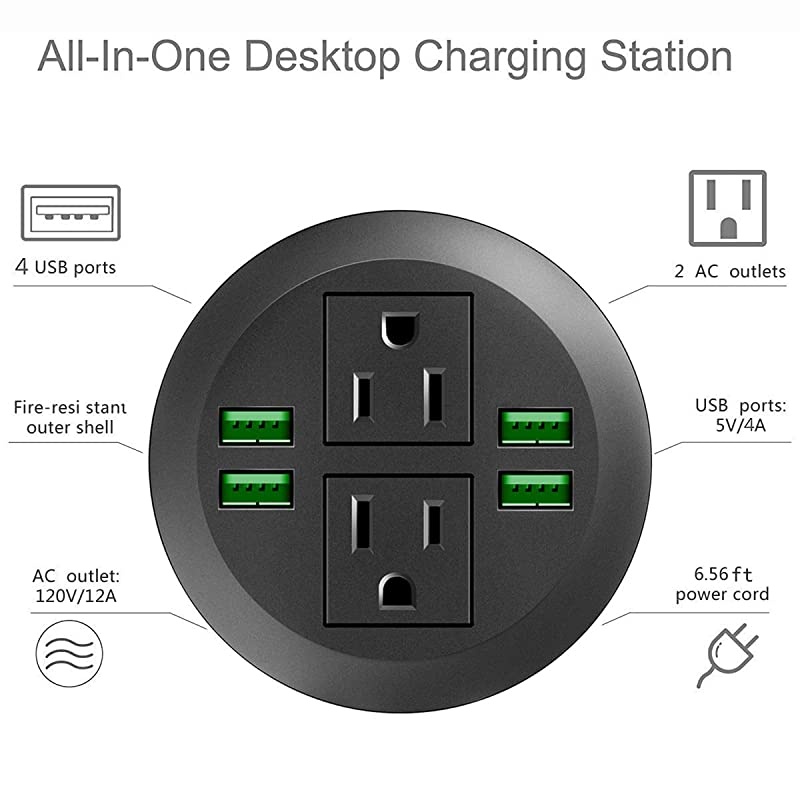 Power Grommet with USBRecessed Power Socket with 2 AC Outlets and 4 USB Charging Ports Desk Grommet Outlet 3 18in Holefor Kitchen TableConference Room Outlet