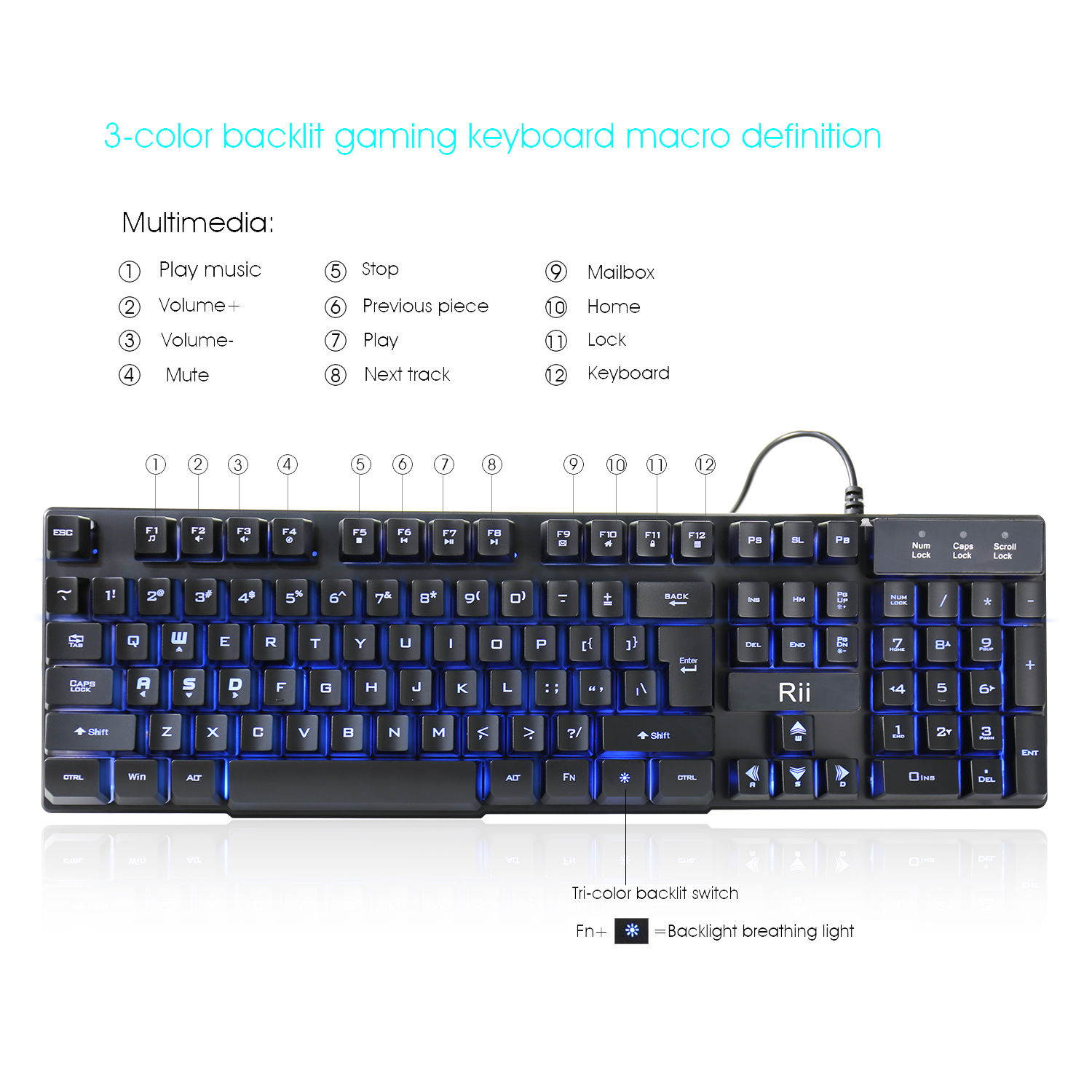 Rii RK100 3 LED Color Backlit Wired Multimedia Gaming Keyboard for PC Computter
