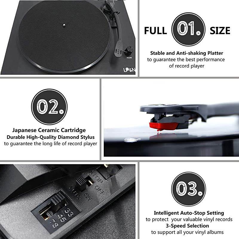 Bluetooth Vinyl Record Player, Belt-Drive Stereo Turntable for 3-Speed Vinyl Records with Convert Vinyl to Digital (Analog & USB), Built-in Speakers and RCA Output, Dark Brown