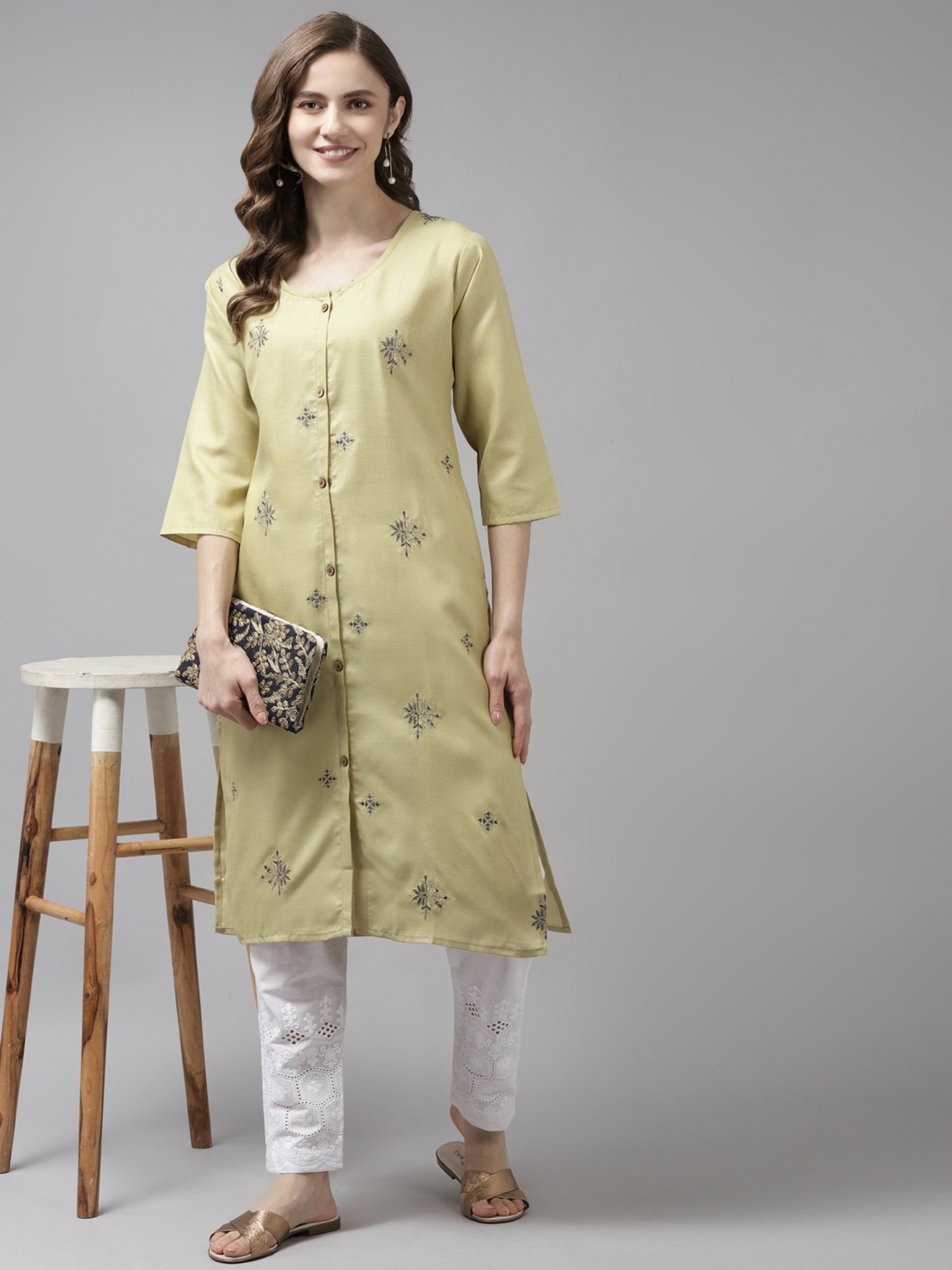 Aarika Lemon Green Cotton Embroidered Straight Kurta