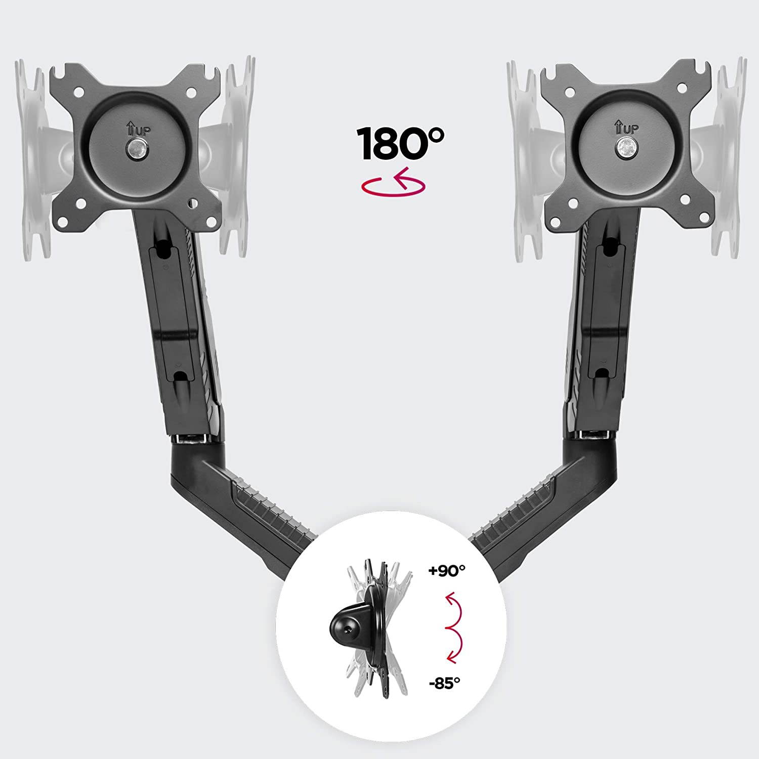 Duronic DMDC52 DualGas Desk Mount Arm Monitor Stand Bracket Powered Full Motion | LCD LED VESA Monitors | Desk Bracket with Tilt and Swivel (Tilt +90&deg;/-45&deg;|Swivel 180&deg;|Rotate 360&deg;)