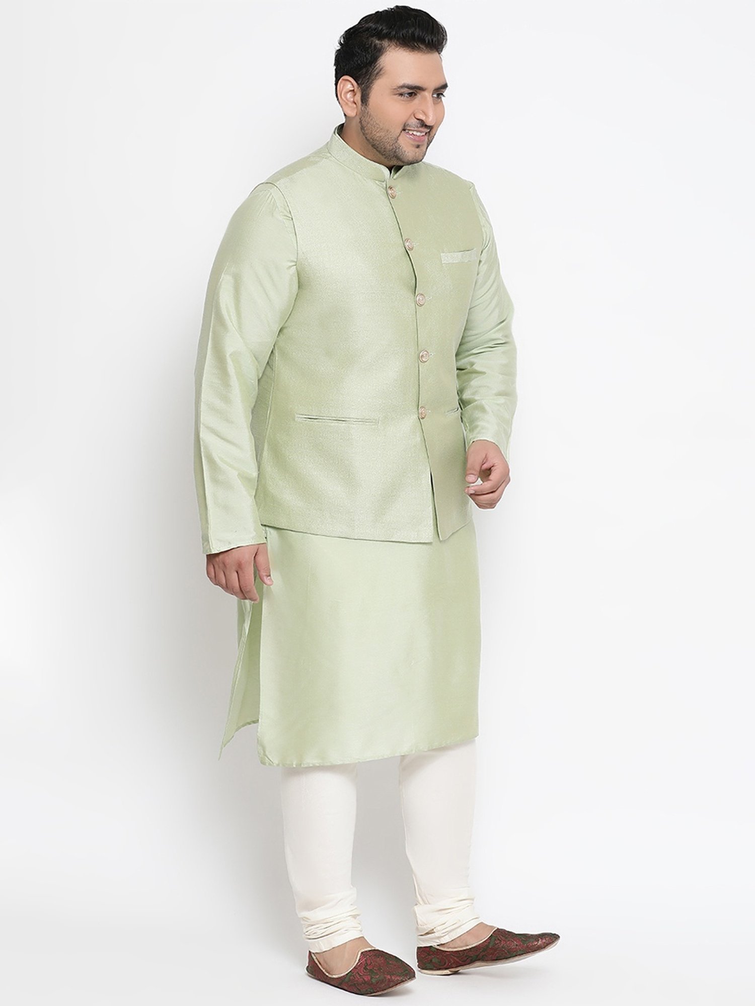 KISAH PLUS Light Green Regular Fit Printed Kurta Set With Jacket