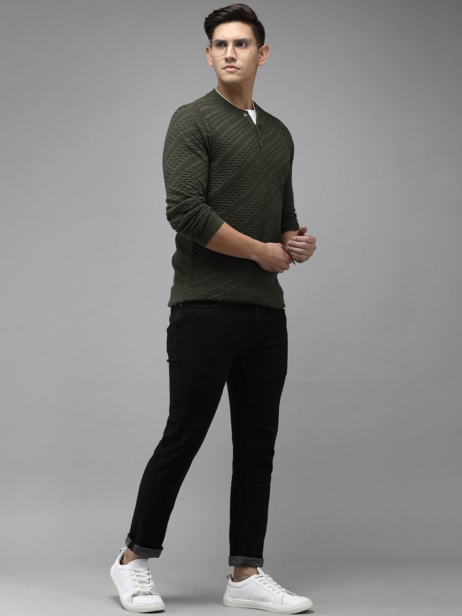 The Bear House Dark Green Slim Fit Self Design Sweater