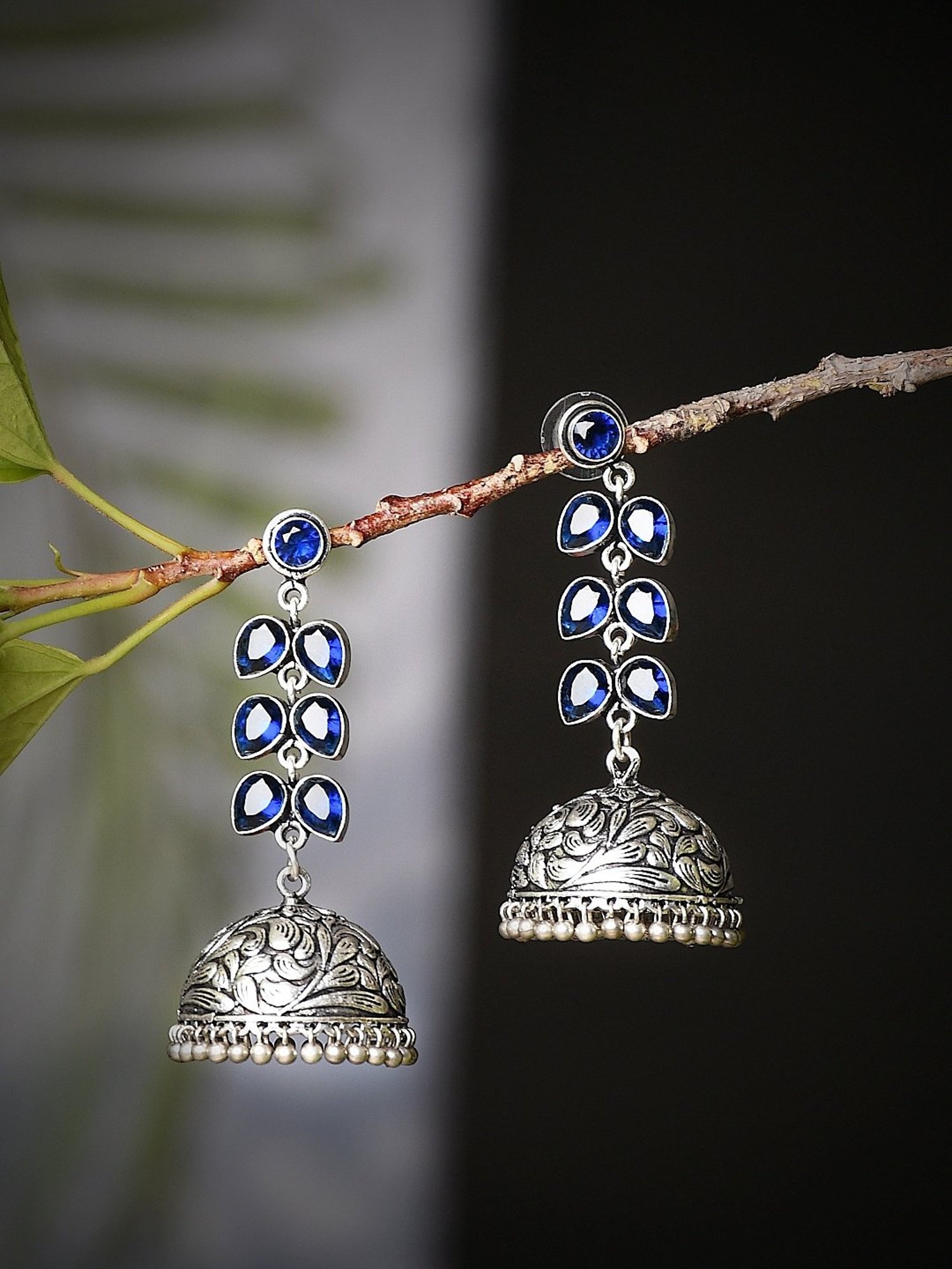 Imli Street Blue SilverBlack Tone Handcrafted Jhumki Earrings