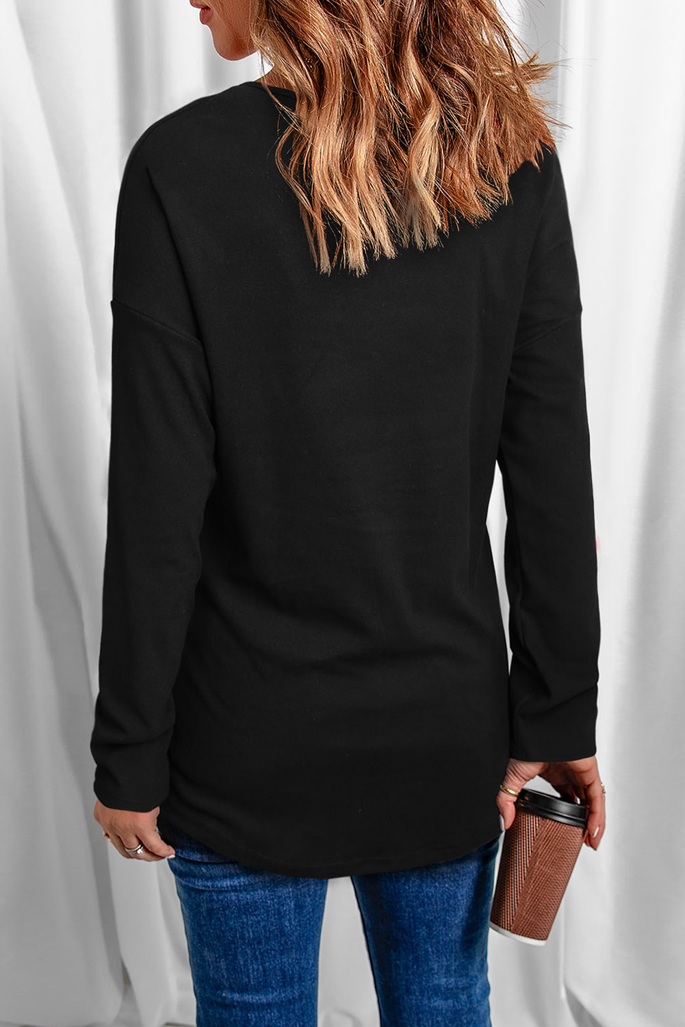 Blank Sweatshirt - Black Casual V Neck Long Sleeve Shirt Customized