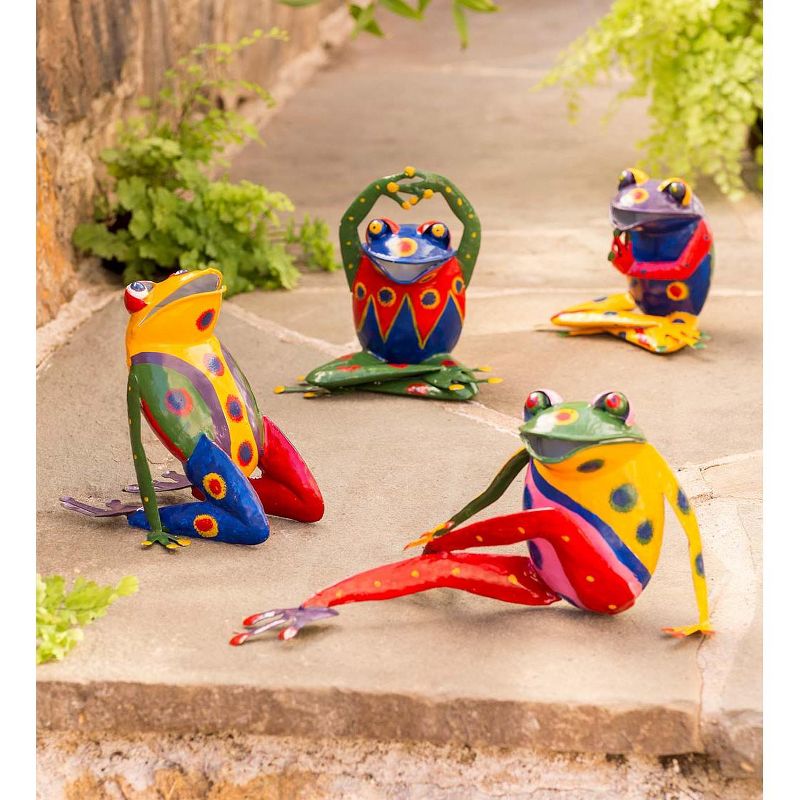 Wind & Weather Handcrafted Colorful Metal Yoga Frog Sculptures, Set of 4