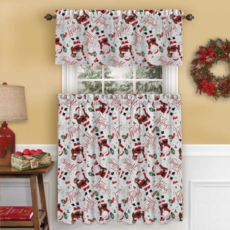 Santa Christmas Wishes Holiday Kitchen Tiers and Valance, 3 Piece Set - Elrene Home Fashions