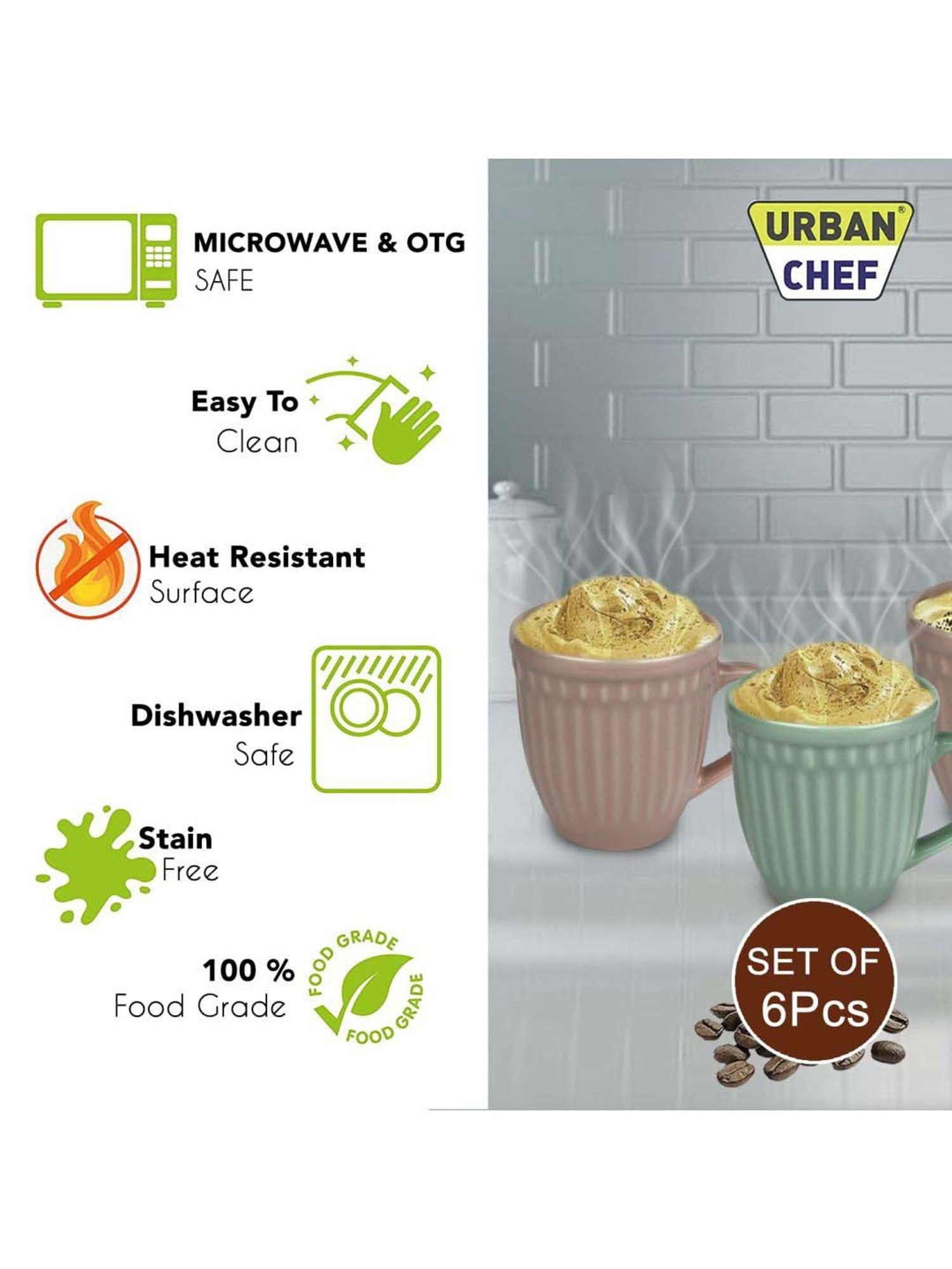 Urban Chef Pink & Green Ceramic Handcrafted Microwave Safe Tea Cup - Set of 6