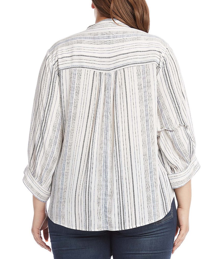 Karen Kane Plus Size Mixed Stripe Print Tie Split V-Neck 3/4 Blouson Sleeve Top