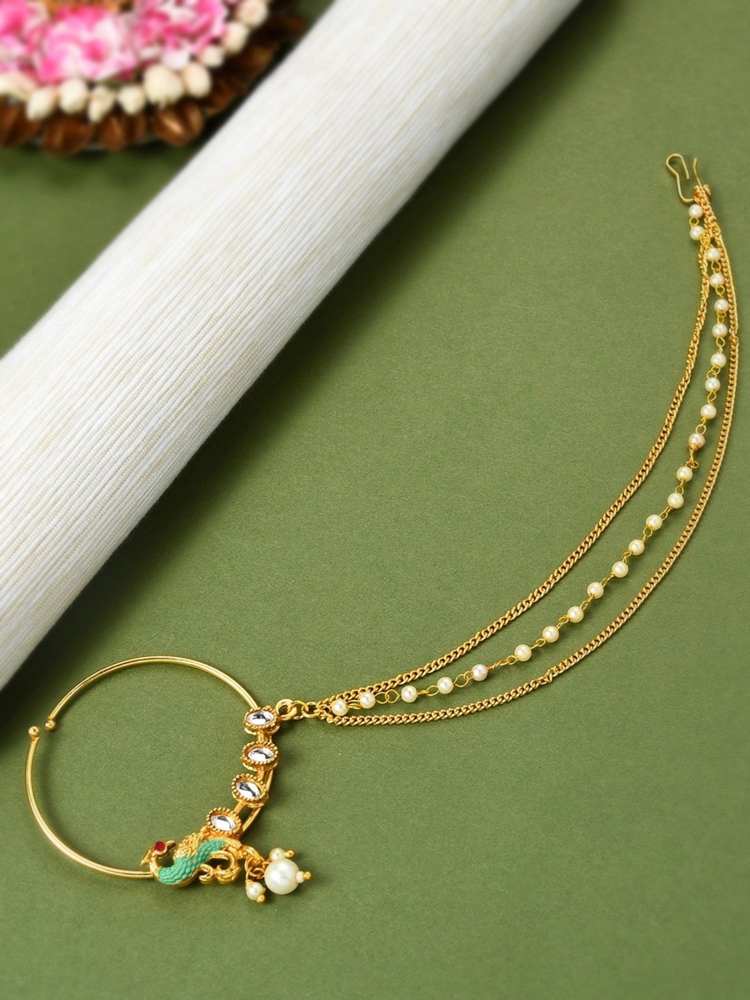 Zaveri Pearls Green Meenakari Peacock Inspired Chain Linked Bridal Nath-ZPFK10488