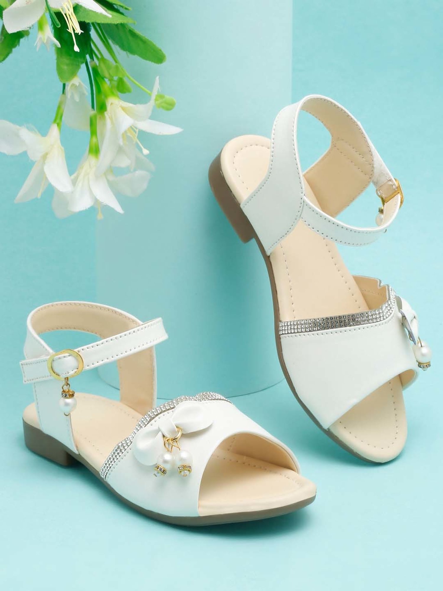 Tiny Bugs Kids White Bow Embellished Ankle Strap Sandals