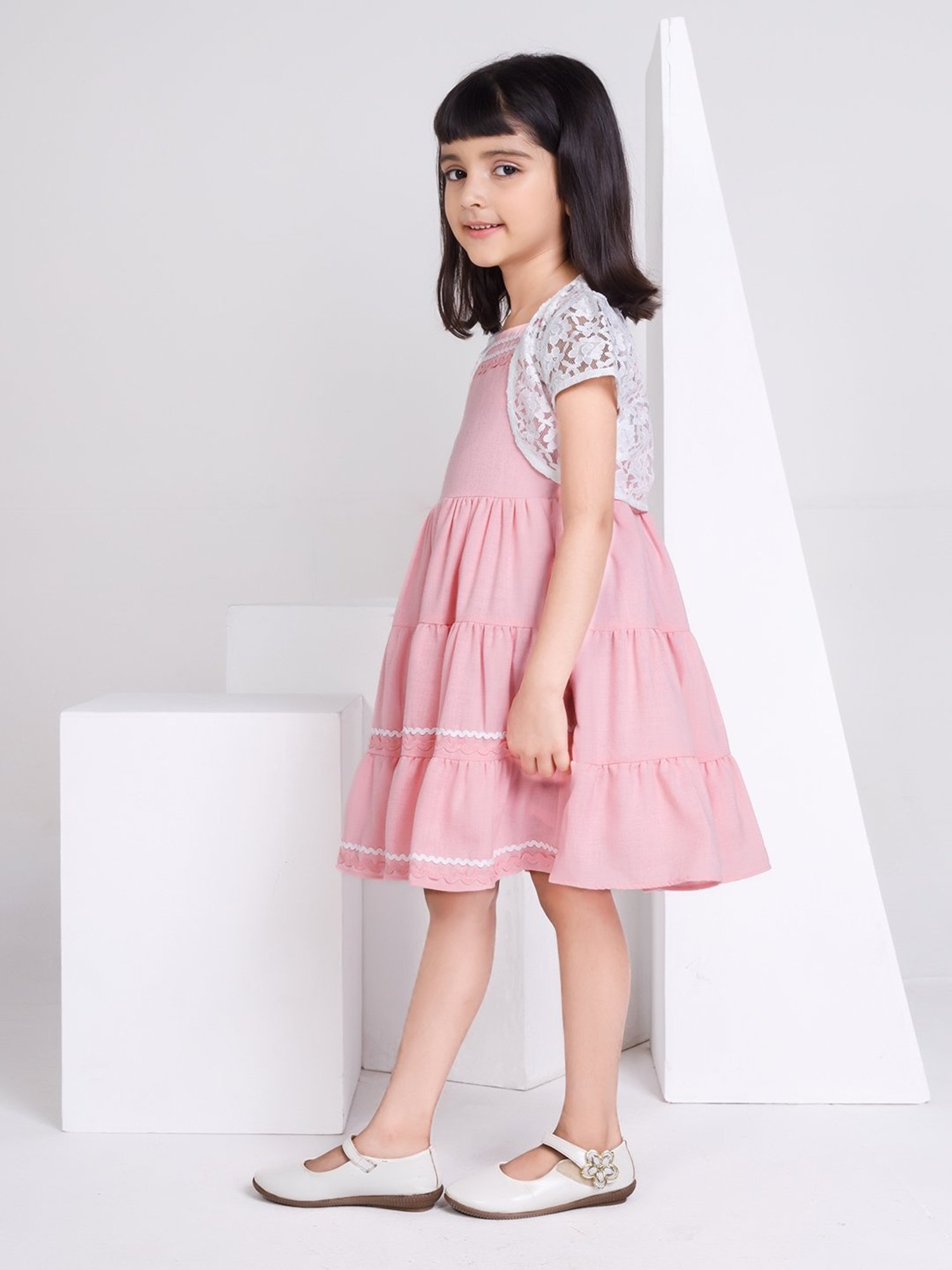 Peppermint Kids White & Light Pink Self Design Dress with Jacket
