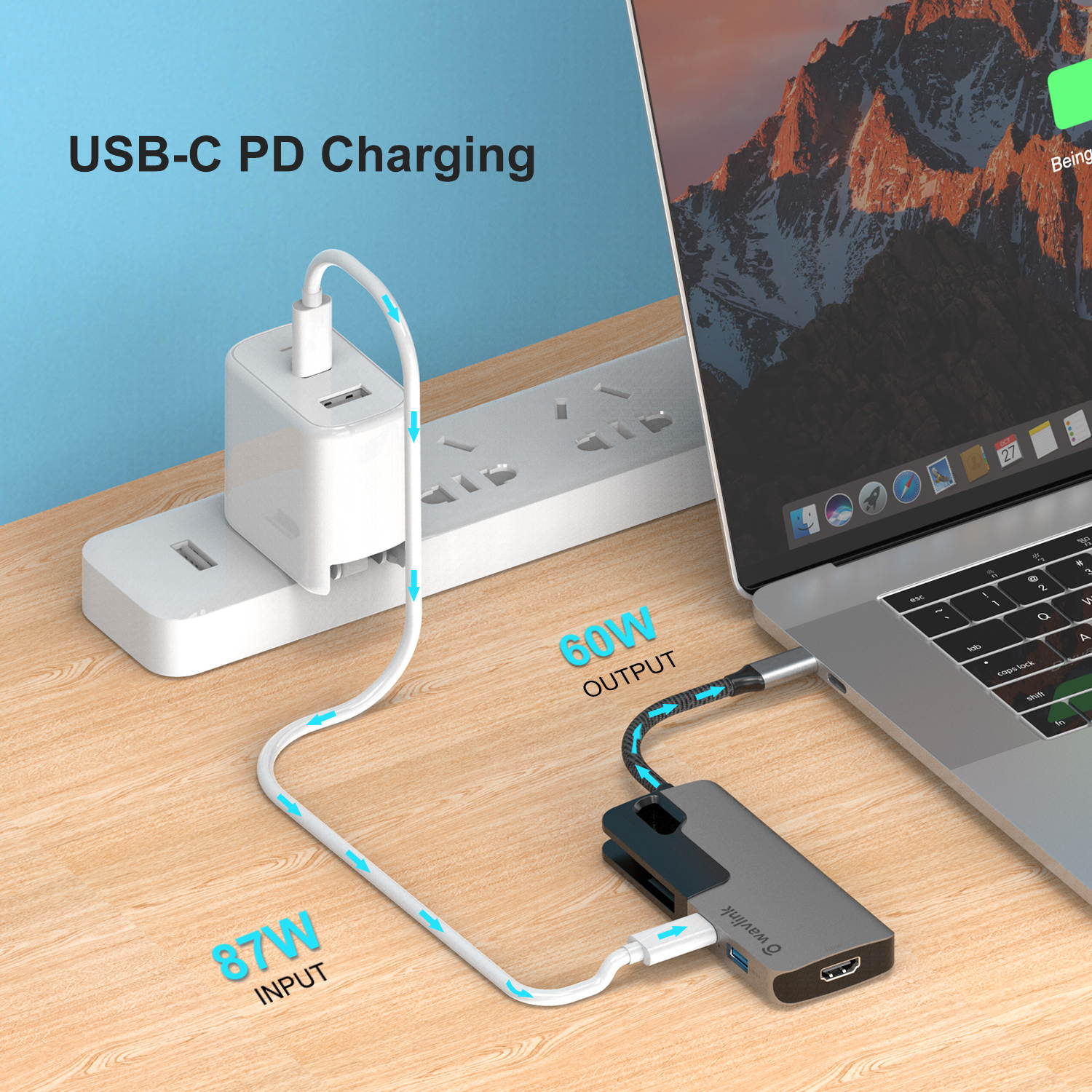Wavlink USB C Hub, PD 7-in-1 Type C Adapter Mini Docking Station Aluminum with 4K 30Hz HDMI, 2K 60Hz VGA, 2 USB 3.0, SD/TF Card Reader, 87W Laptop Power Delivery for Windows Mac and More, Plug & Play