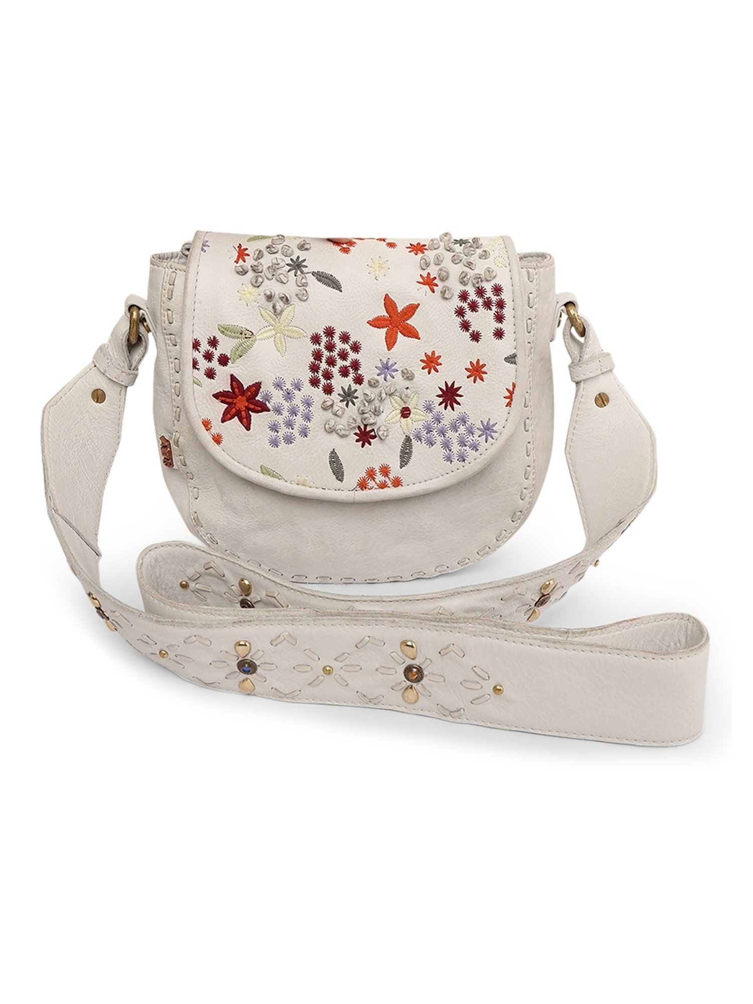 Art N Vintage Floral Bliss White Leather Embroidered Small Sling Handbag
