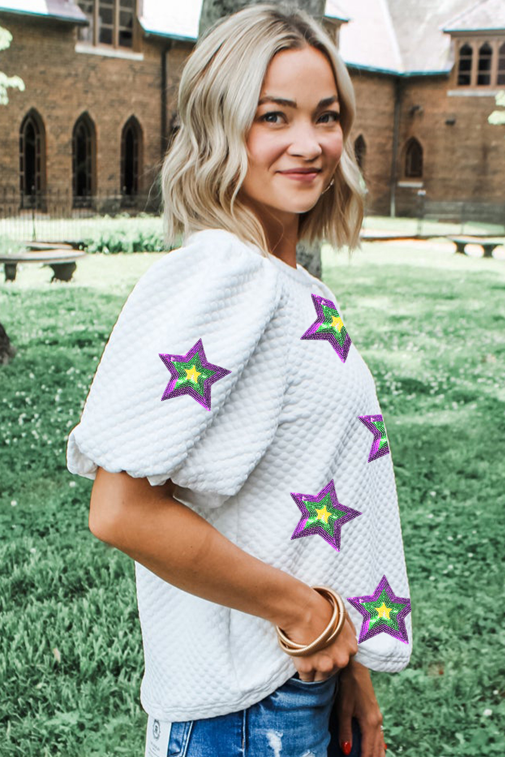 Green Christmas Candy Cane Patched Graphic Half Button Waffle Long Sleeve Top