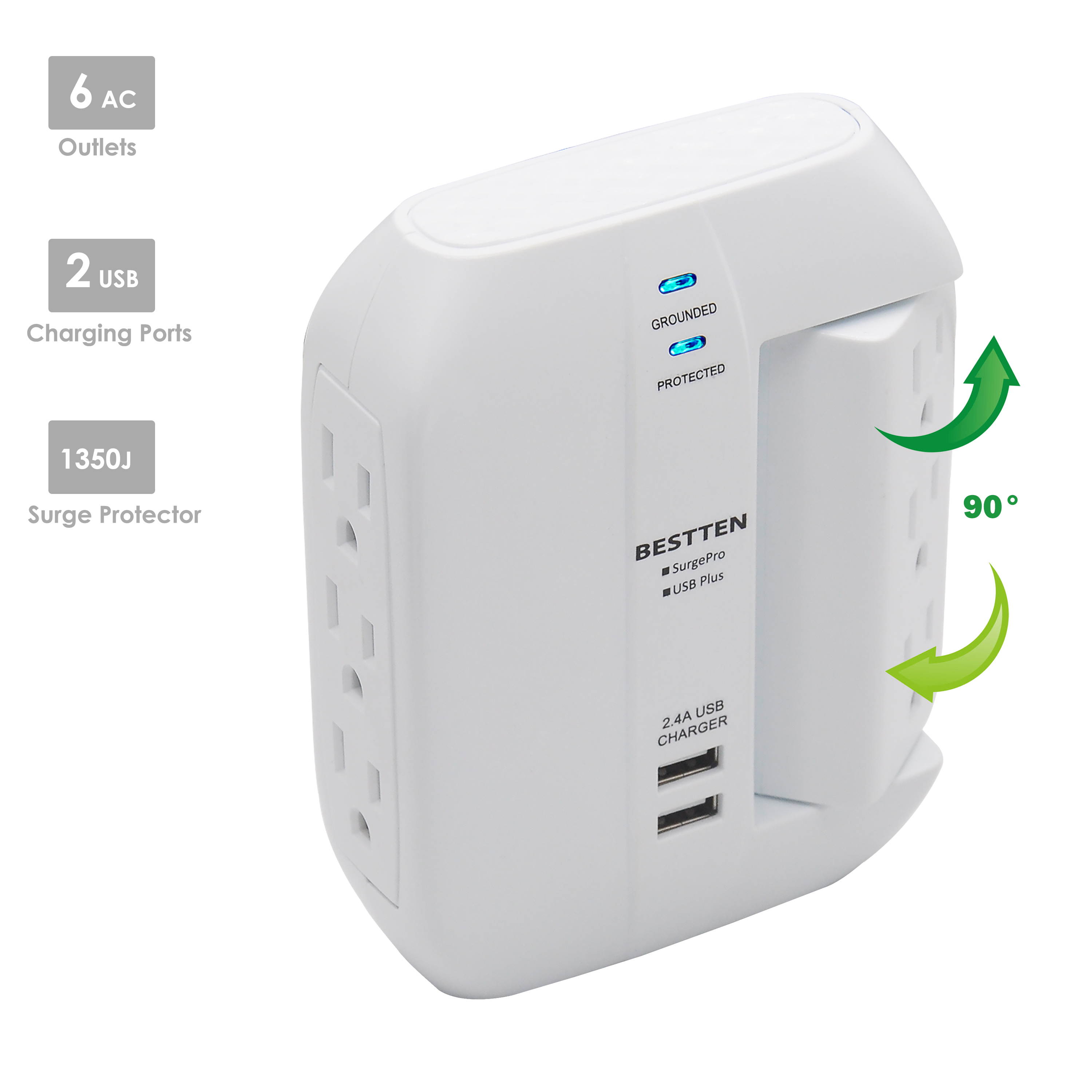 BESTTEN 6 Outlet (3 Swivel) Side Wall Tap Adapter, Surge Protector with 2 USB Charging Ports (2.4A total), 1350 Joule Surge Suppressor, ETL Certified, White