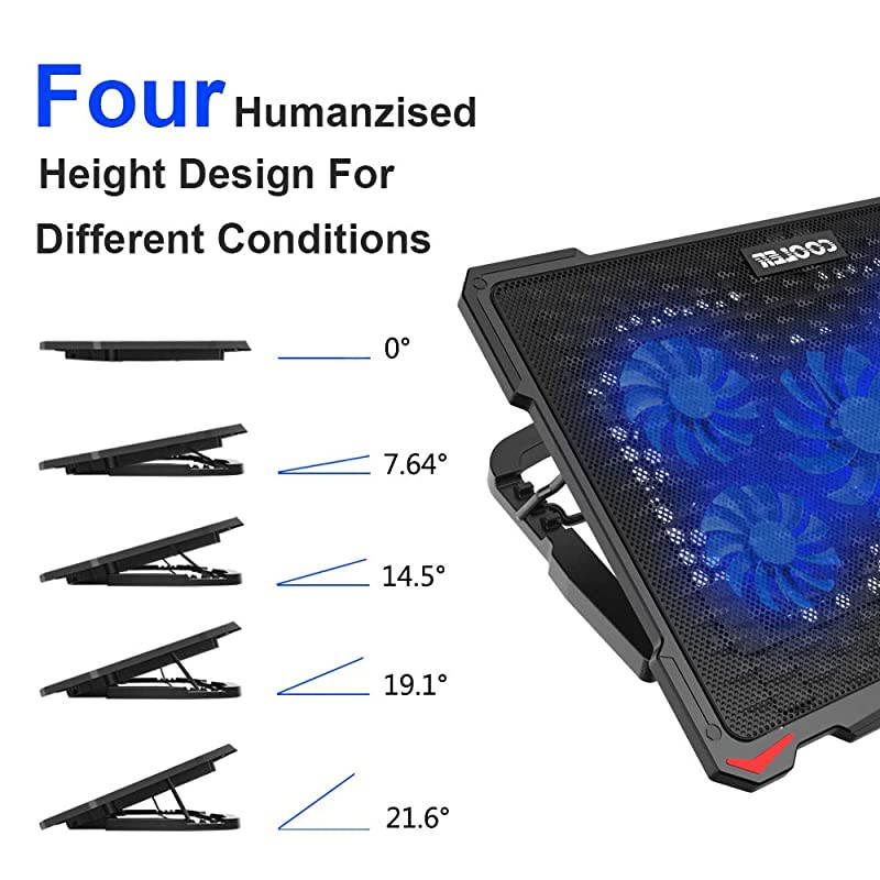 Laptop Cooling Pad 5 Fans Up to 173 Inch Heavy Notebook Cooler Blue LED Lights 2 USB Ports S035 Blue5fans