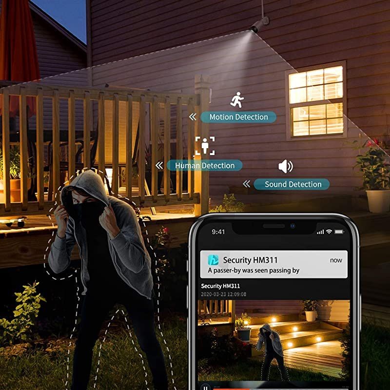 2K Outdoor Security Camera, Wi-Fi Smart Camera with Floodlight, Color Night Vision, 2-Way Audio, Motion Detection, Siren Alarm, Message Alert, SD Slot & Cloud Storage, Weatherproof, HM311