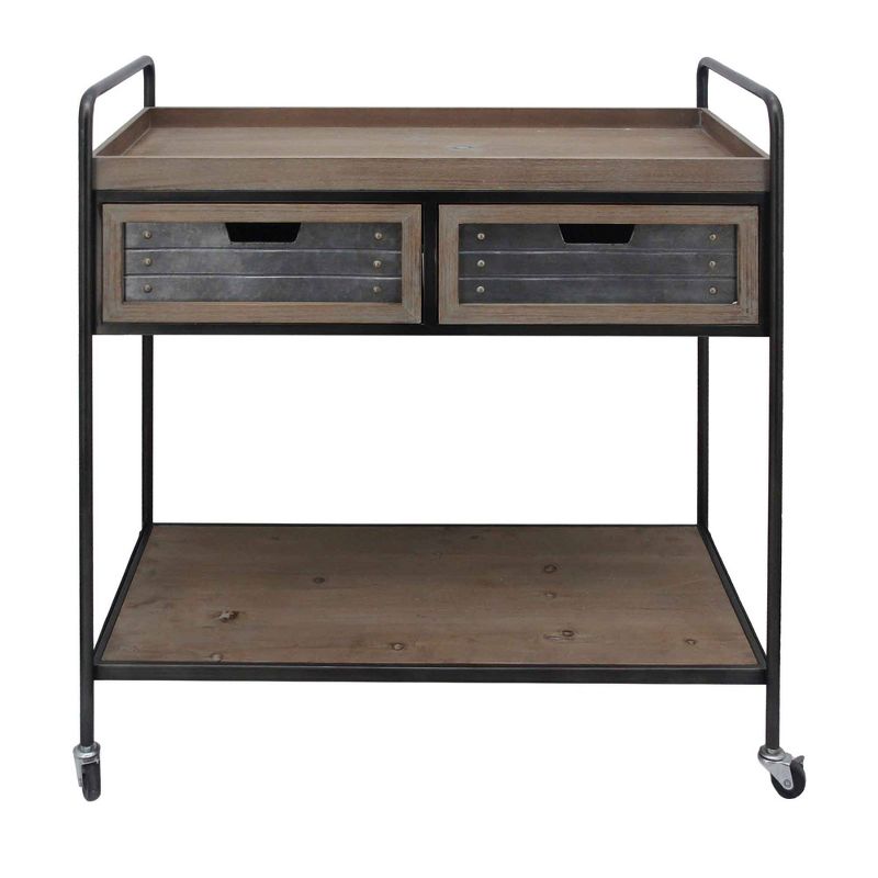 2 Drawer Caster Supported Wood and Metal Rolling Cart Brown/Black - Benzara