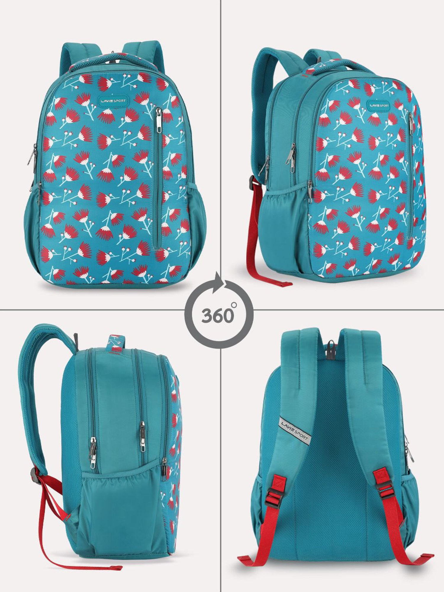 Lavie Sport Tinybloom 26L Floral Printed School Backpack for Girls (Teal)