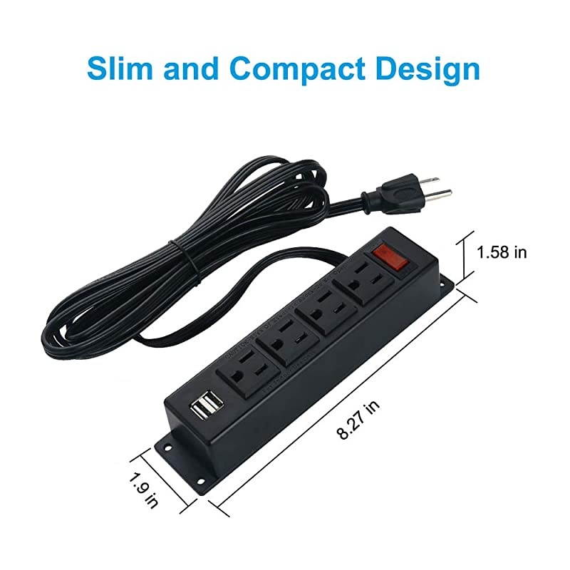 Mount Power Strip with USB Mountable Power Outlet with 4 AC Outlets 2 USB Ports Switch Connect with 656ft Power Cord Mount Under Desk Workbench Nightstand Dresser Table 4AC2USB656FT