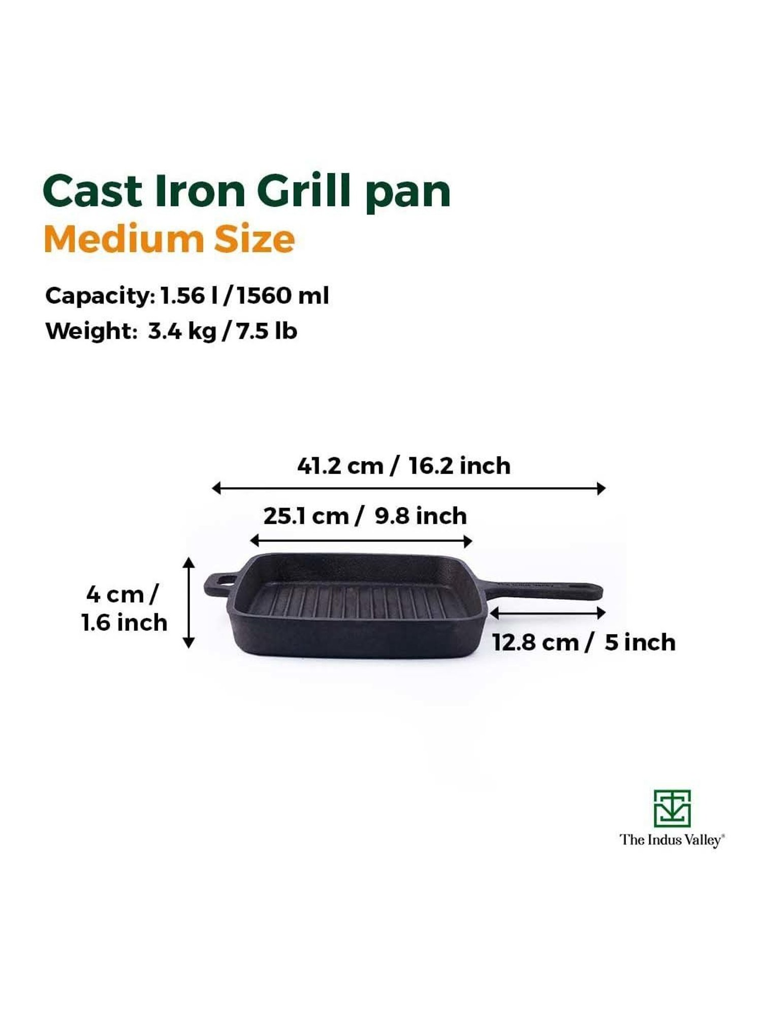The Indus Valley Black Cast Iron 24.89 cm Grill Pan For Barbeque (1.56 L)