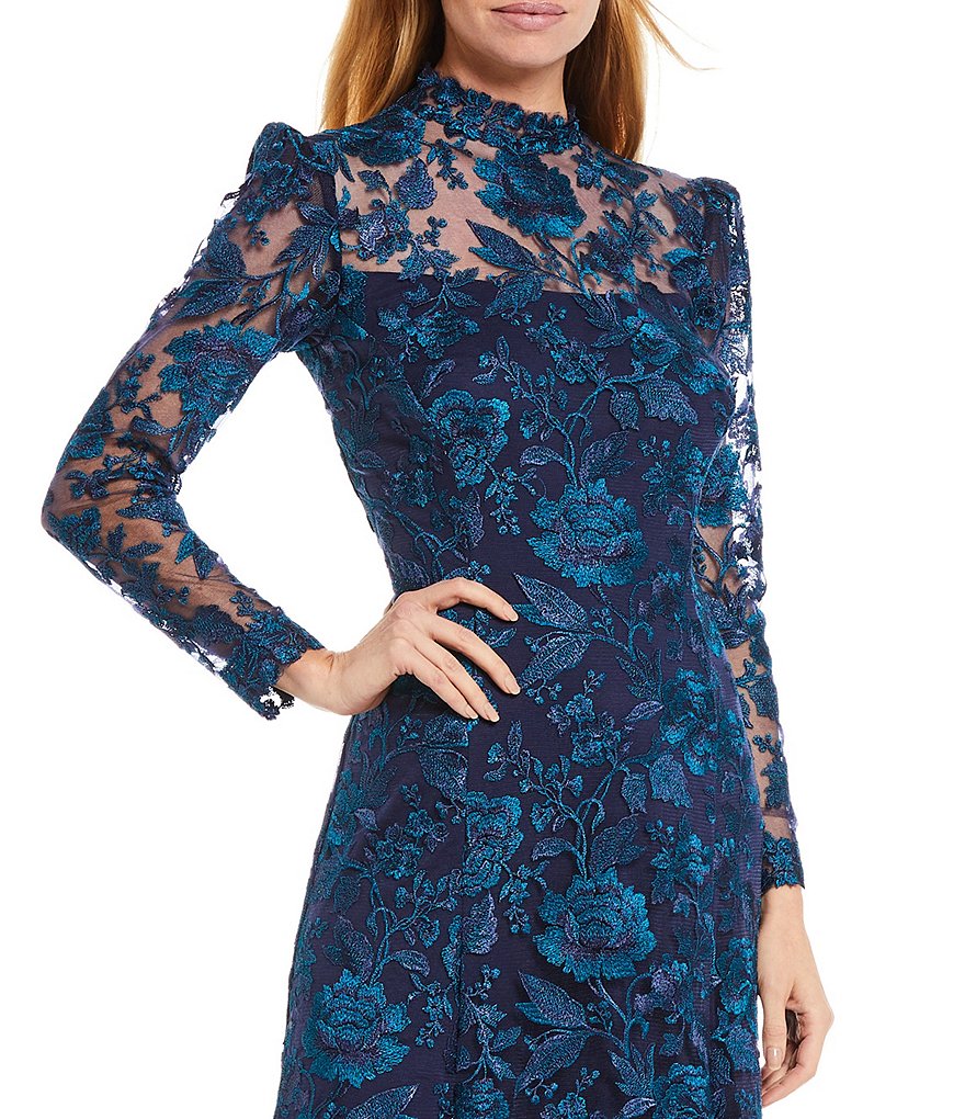 Tadashi Shoji Long Sleeve Mock Neck Handkerchief Hem Lace Dress