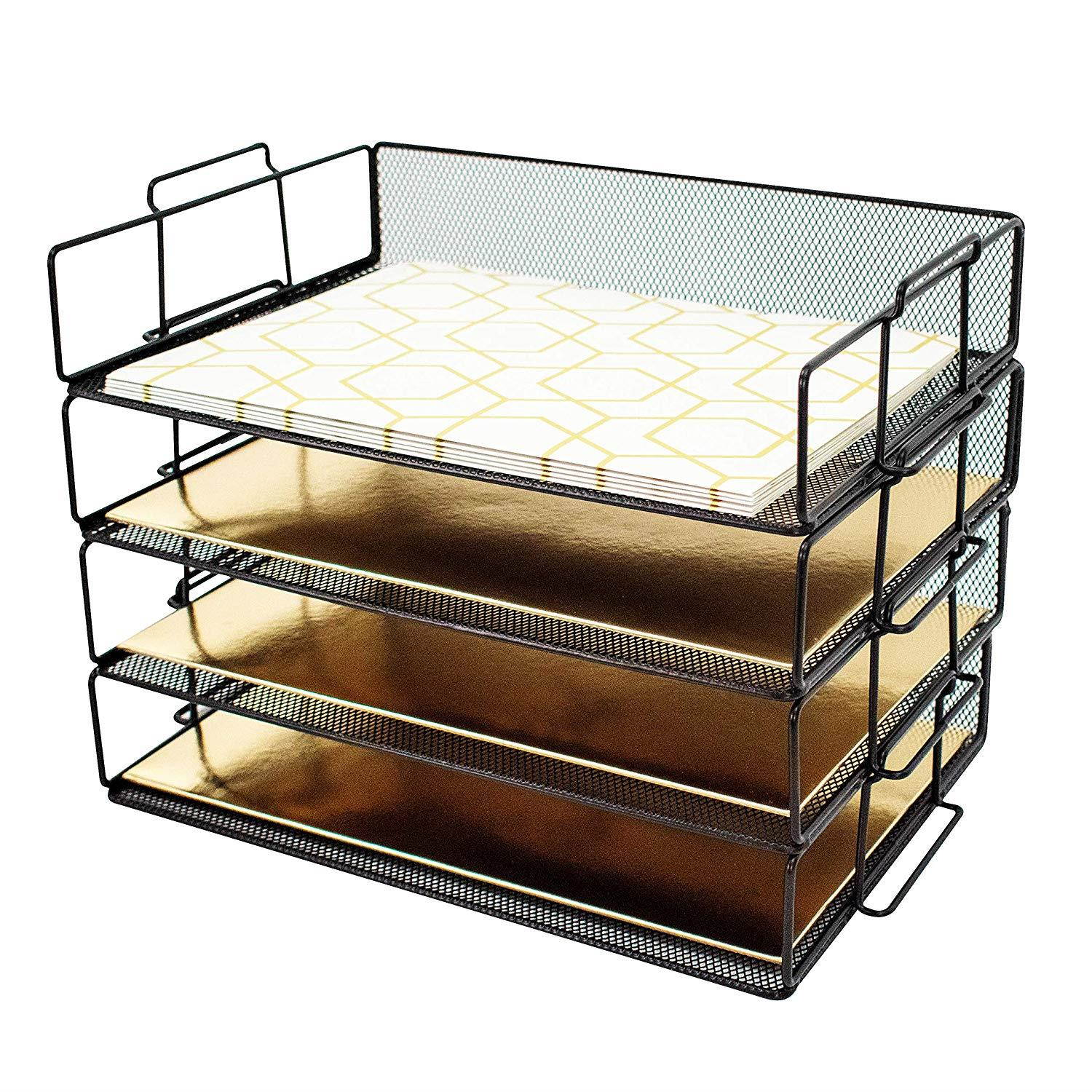 Blu Monaco Desk Organizers and Accessories Stackable Paper Tray - 4 Tier Stackable Letter Trays - Black Metal Mesh File Holder Organizer