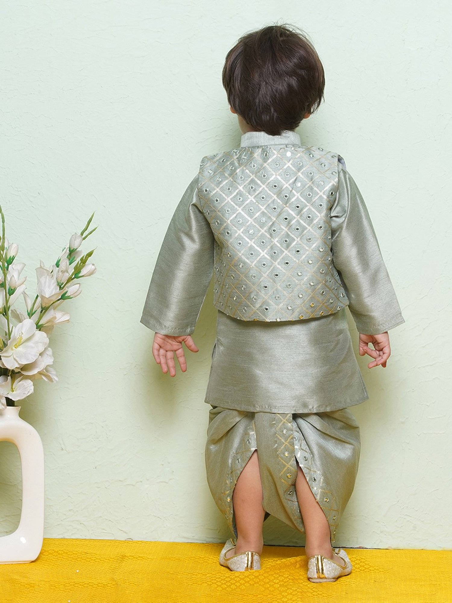 AJ Dezines Kids Green Embellished Full Sleeves Kurta, Dhoti with Waistcoat