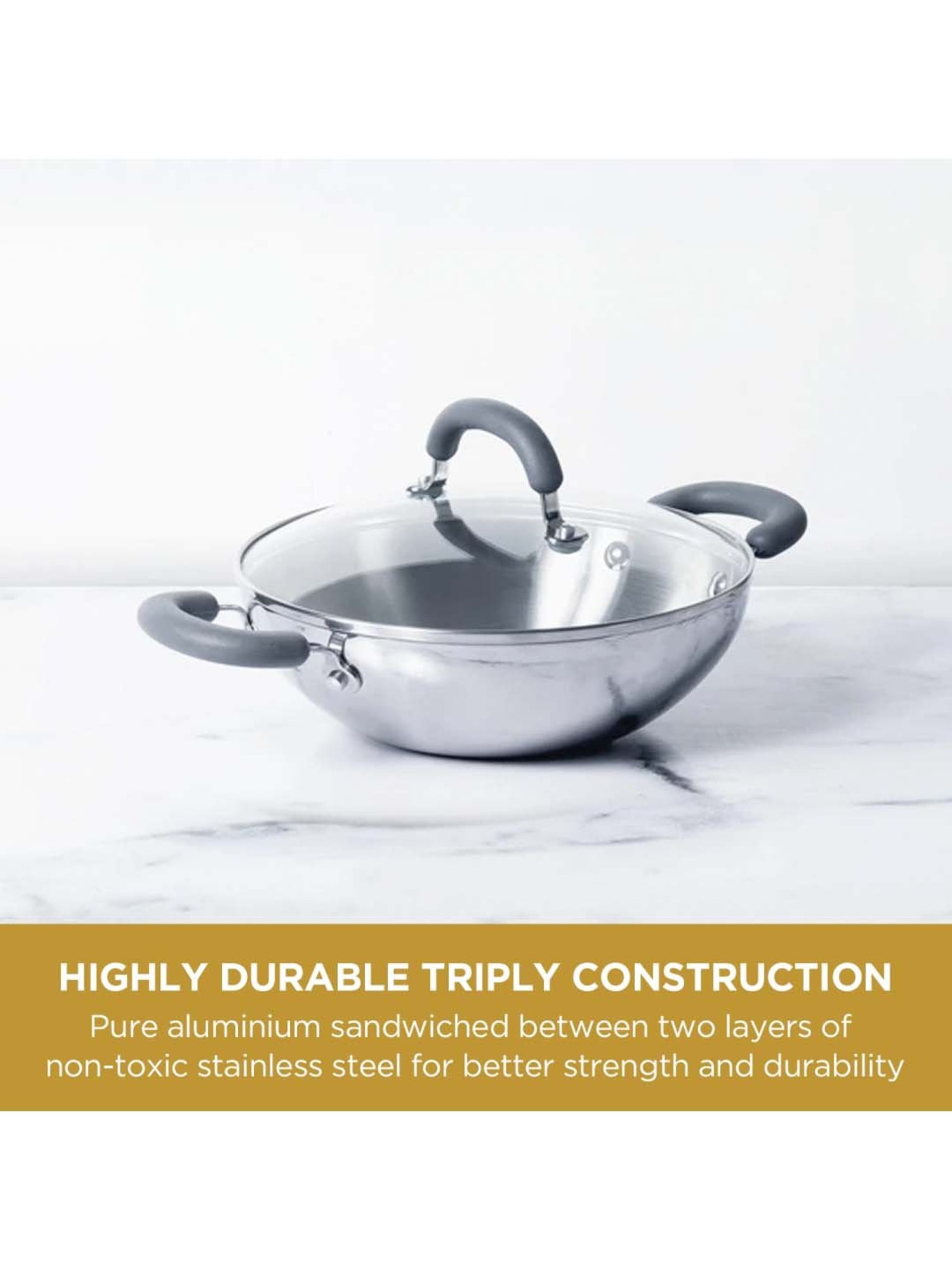 ALLO Silver Stainless Steel Induction Friendly Triply Kadhai (3 L)