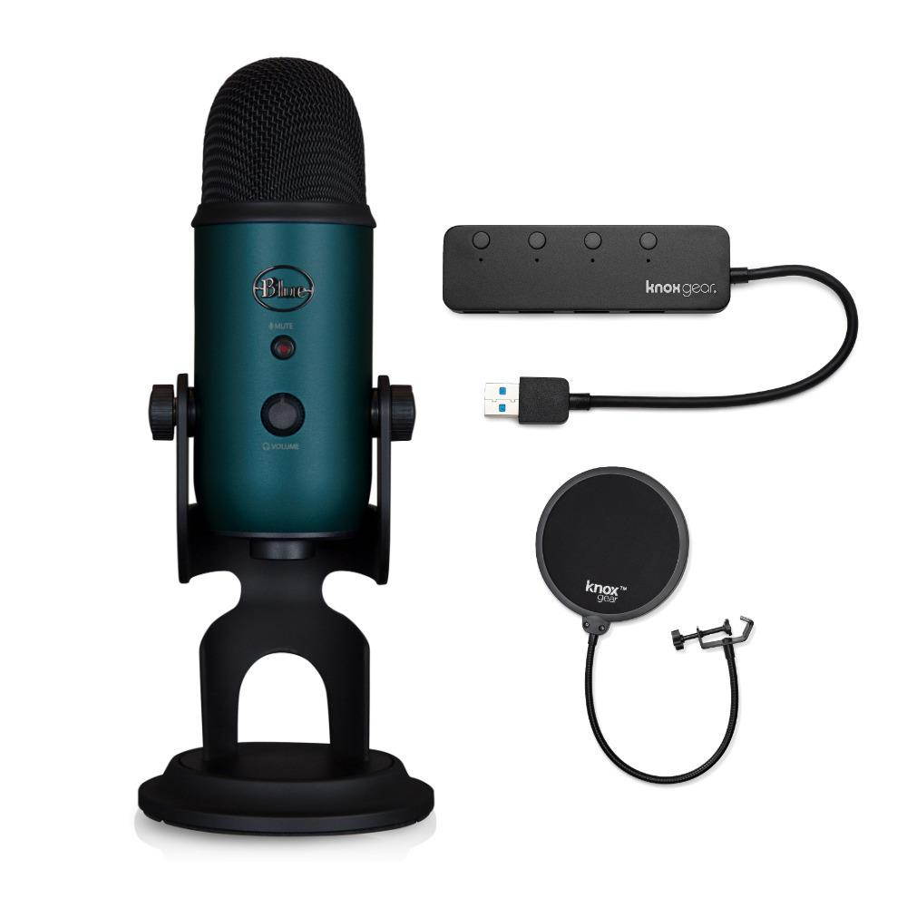 Blue Microphones Yeti Teal USB Mic with Knox Gear USB Hub and Knox Pop Filter