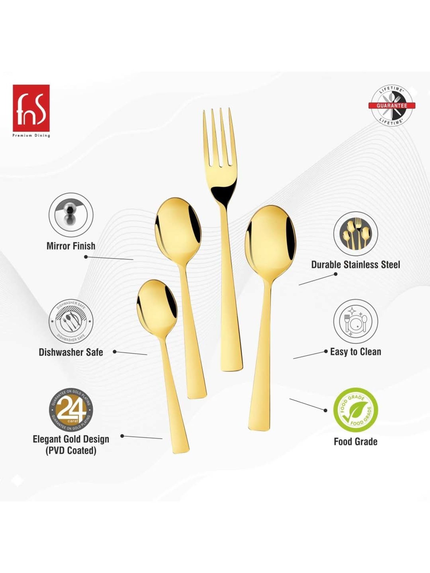 FnS Alexa Gold Stainless Steel Cutlery - Set of 24