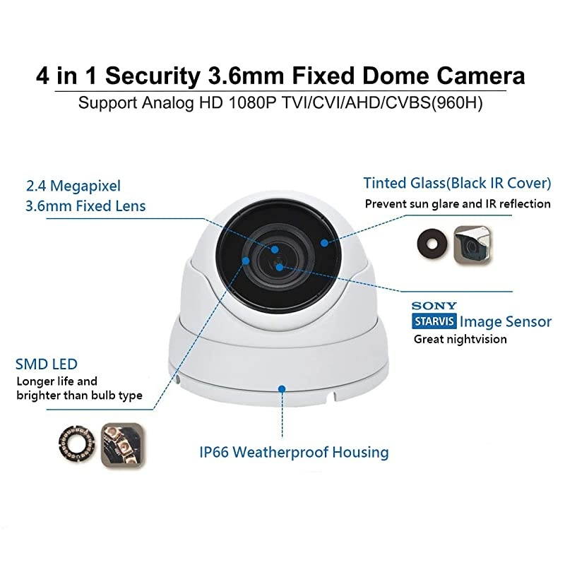 STARVIS Image Sensor 1080P 4in1 TVI AHD CVI CVBS 36mm Fixed Lens Indoor Outdoor Dome Camera DWDR OSD menu for CCTV DVR Home Office Surveillance Security White