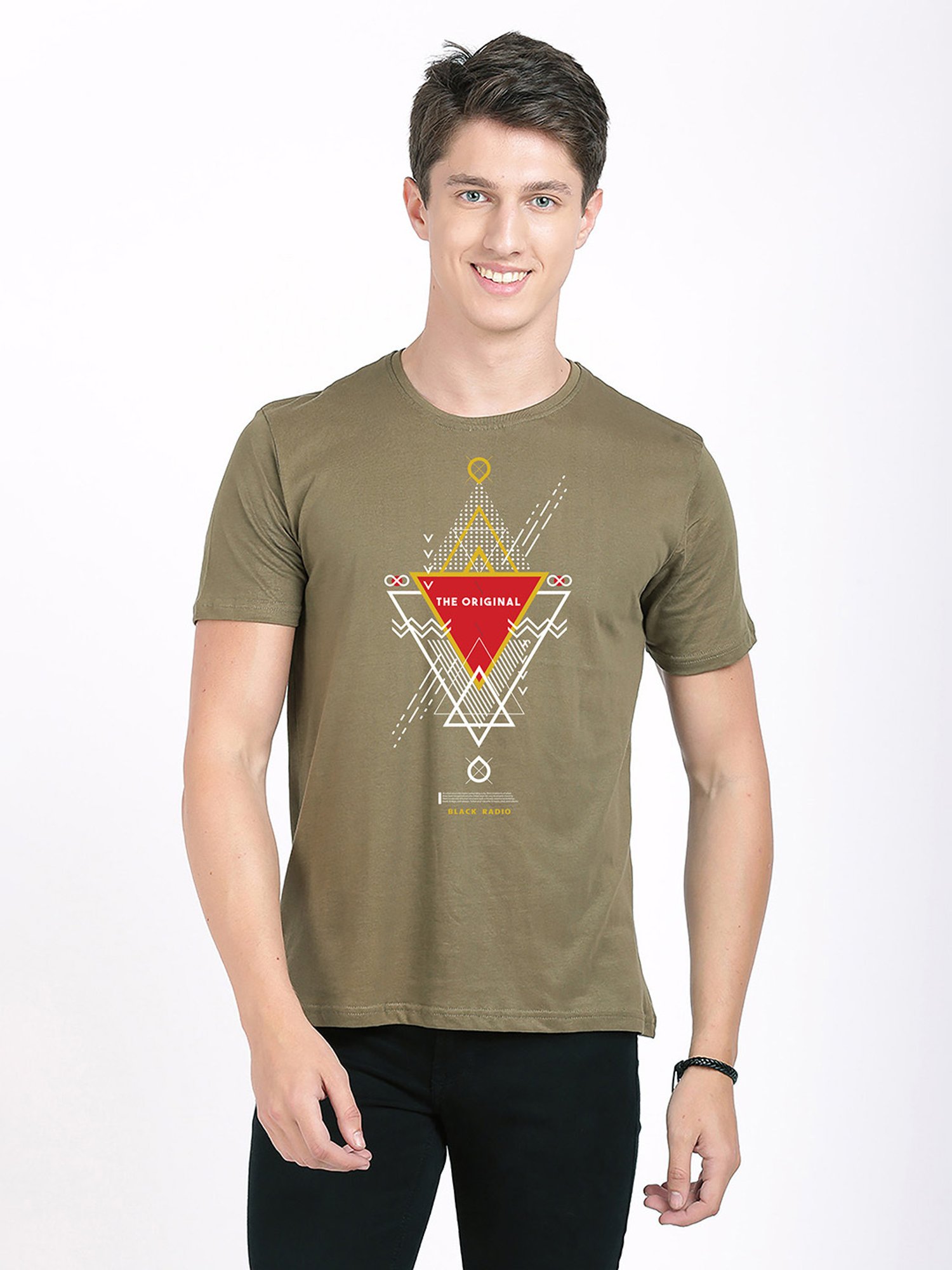 BLACK RADIO Olive Slim Fit Printed Cotton Crew T-Shirt