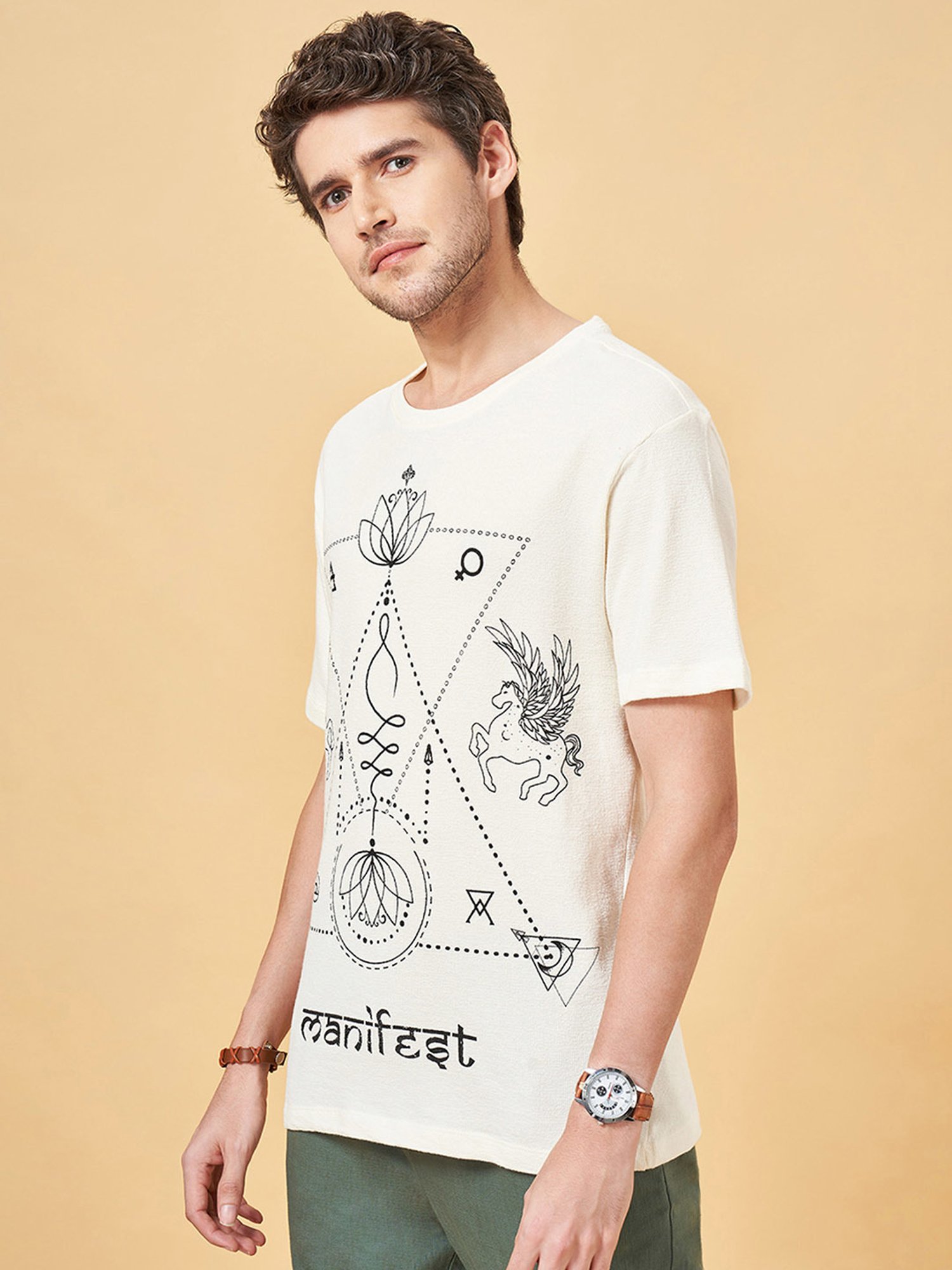 7 Alt by Pantaloons Off White Relaxed Fit Graphic Print T-Shirt
