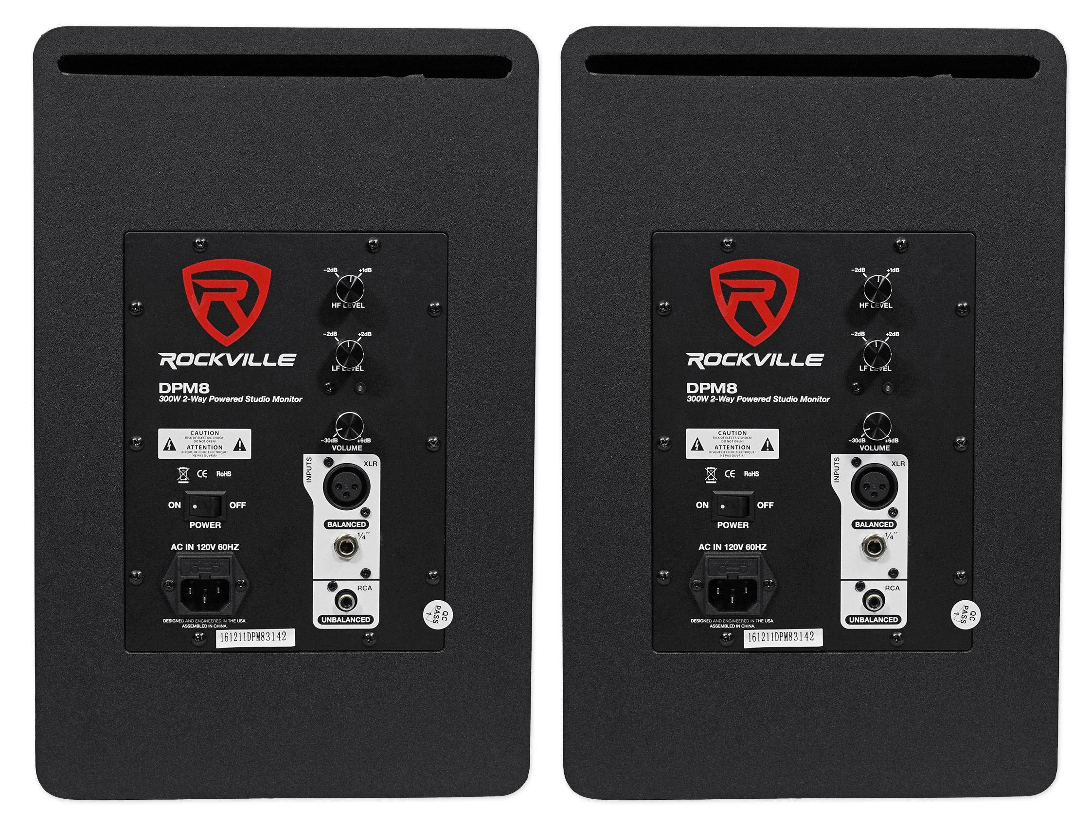 2) Rockville DPM8W 8" 600w Active Studio Monitors+Stands+Headphones+Mic+Shield