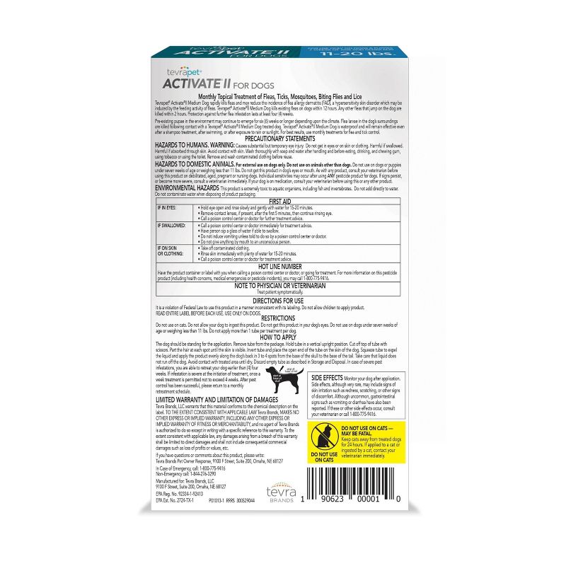Tevra Pet Activate II Dog Insect Treatment - 11 to 20lbs - 4 Doses