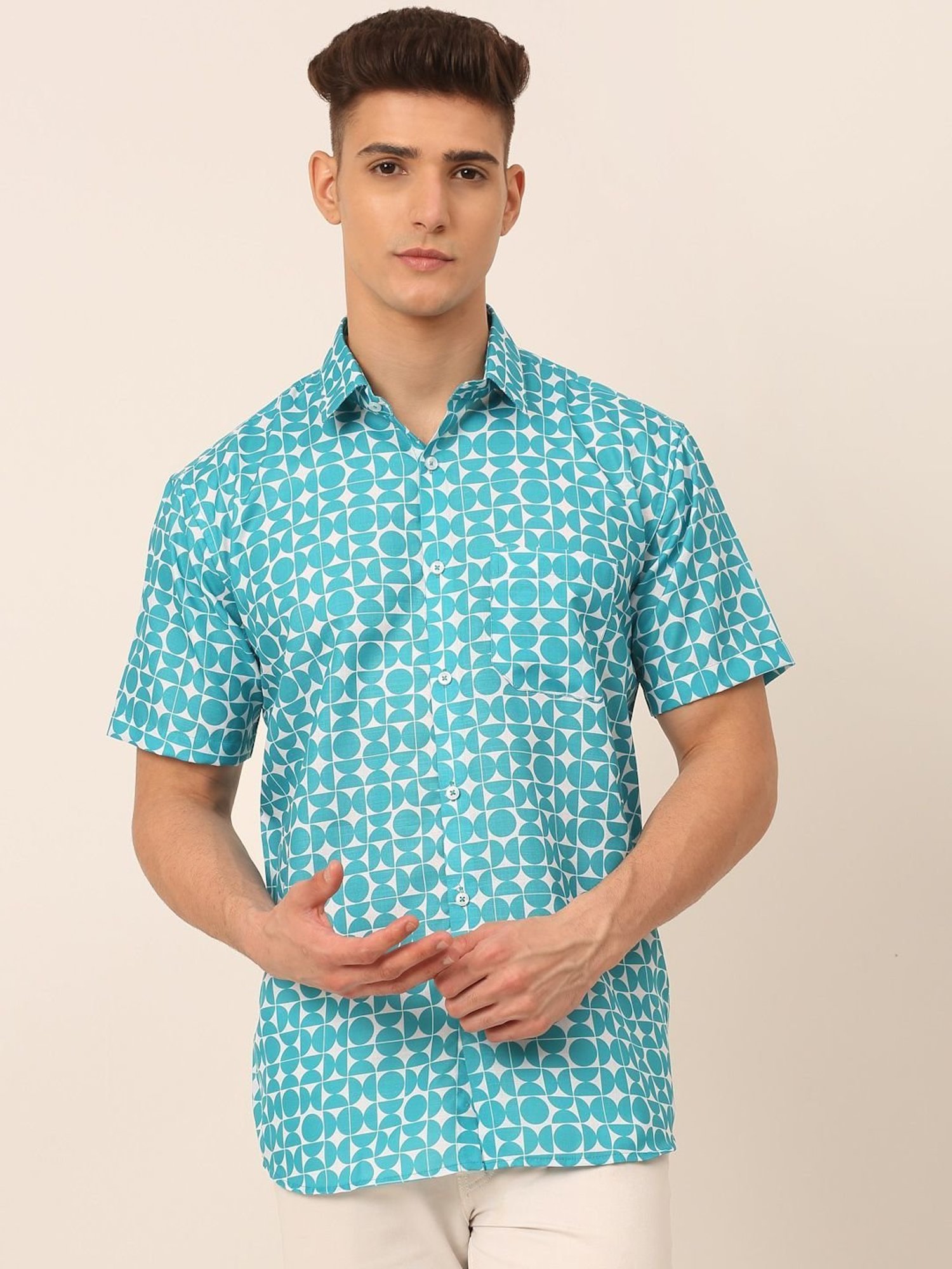 Jainish Aqua Cotton Regular Fit Printed Shirt